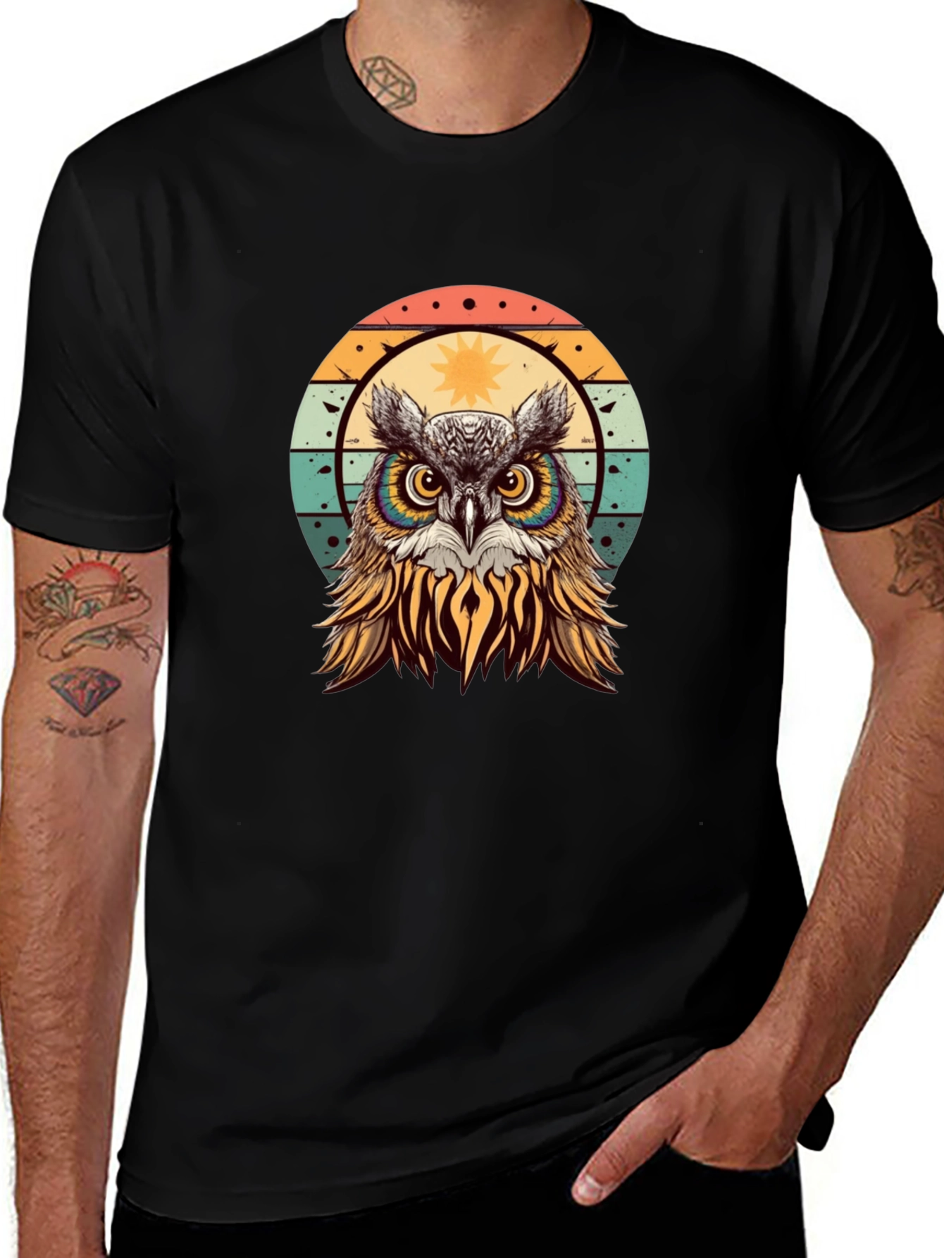 Retro Owl Graphic T-Shirt - Black