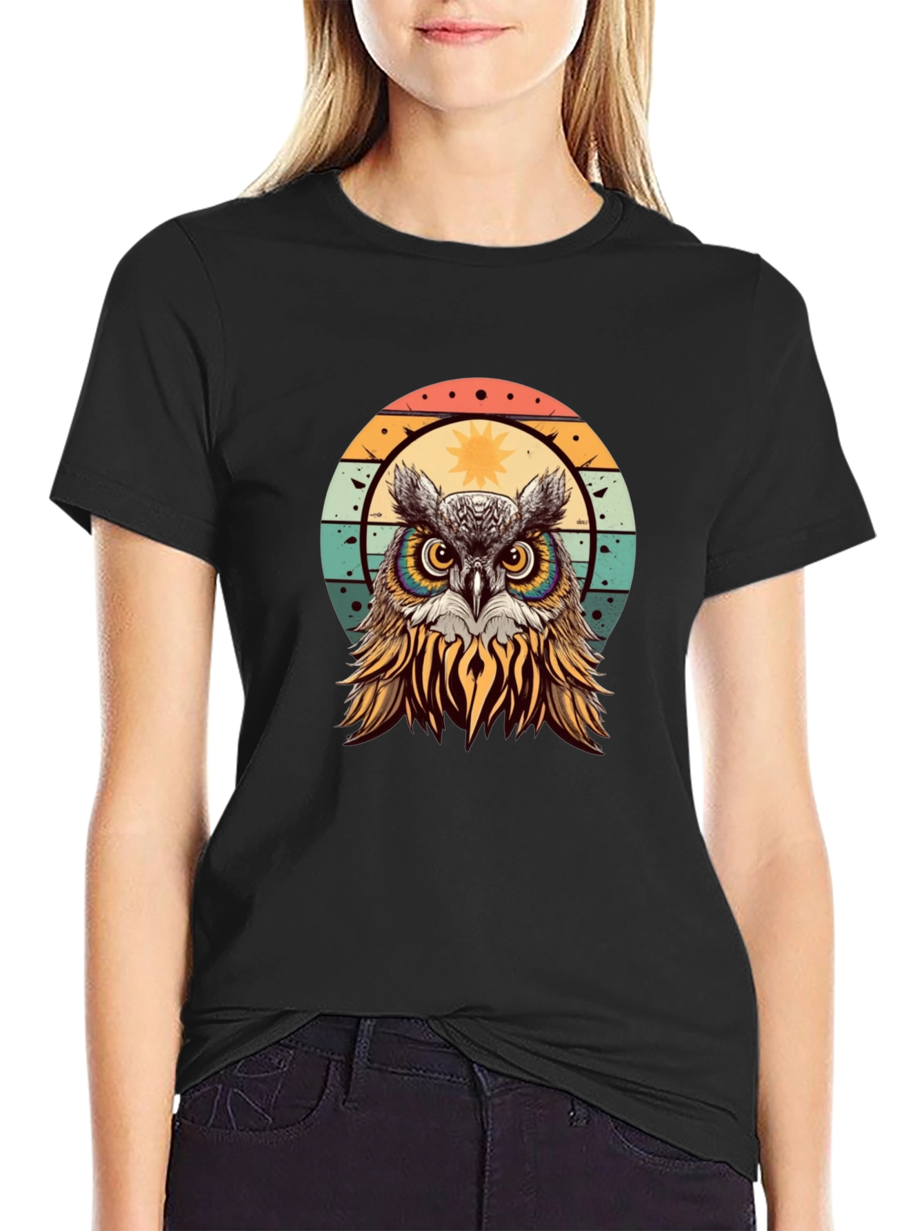 Retro Owl Graphic T-Shirt - Black