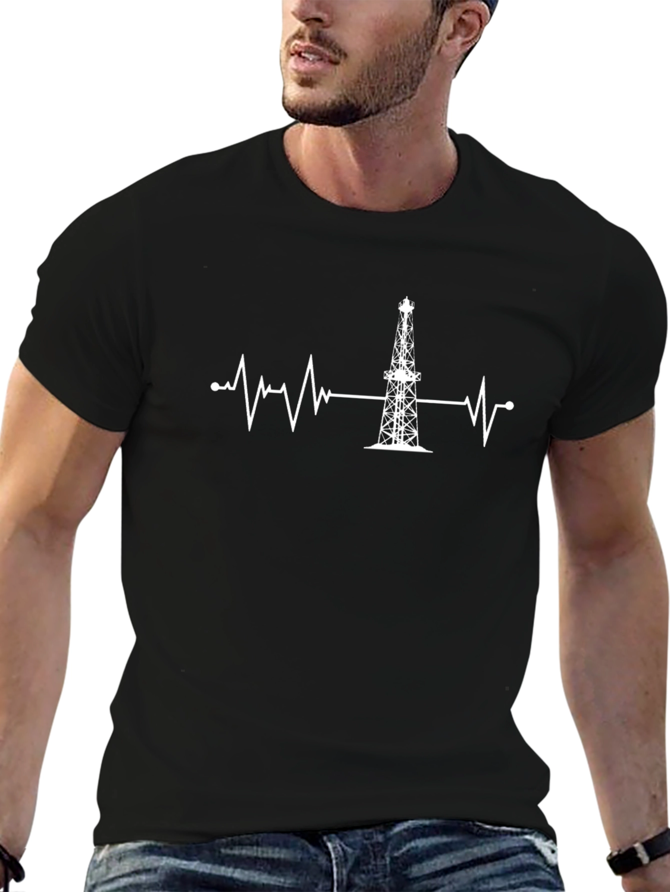 Oil Rig Heartbeat T-Shirt - Black Crew Neck
