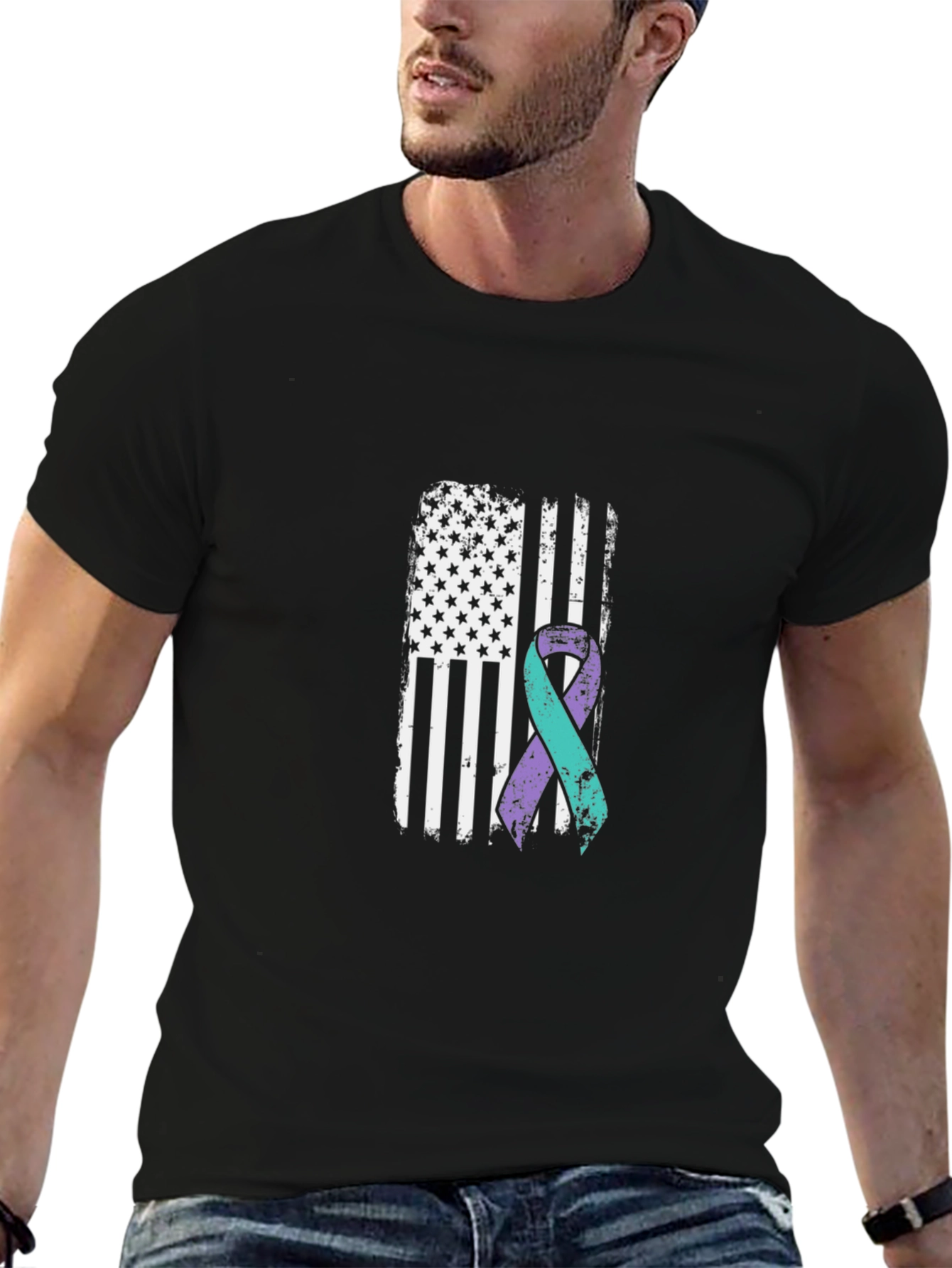 Awareness Ribbon American Flag Black T-Shirt