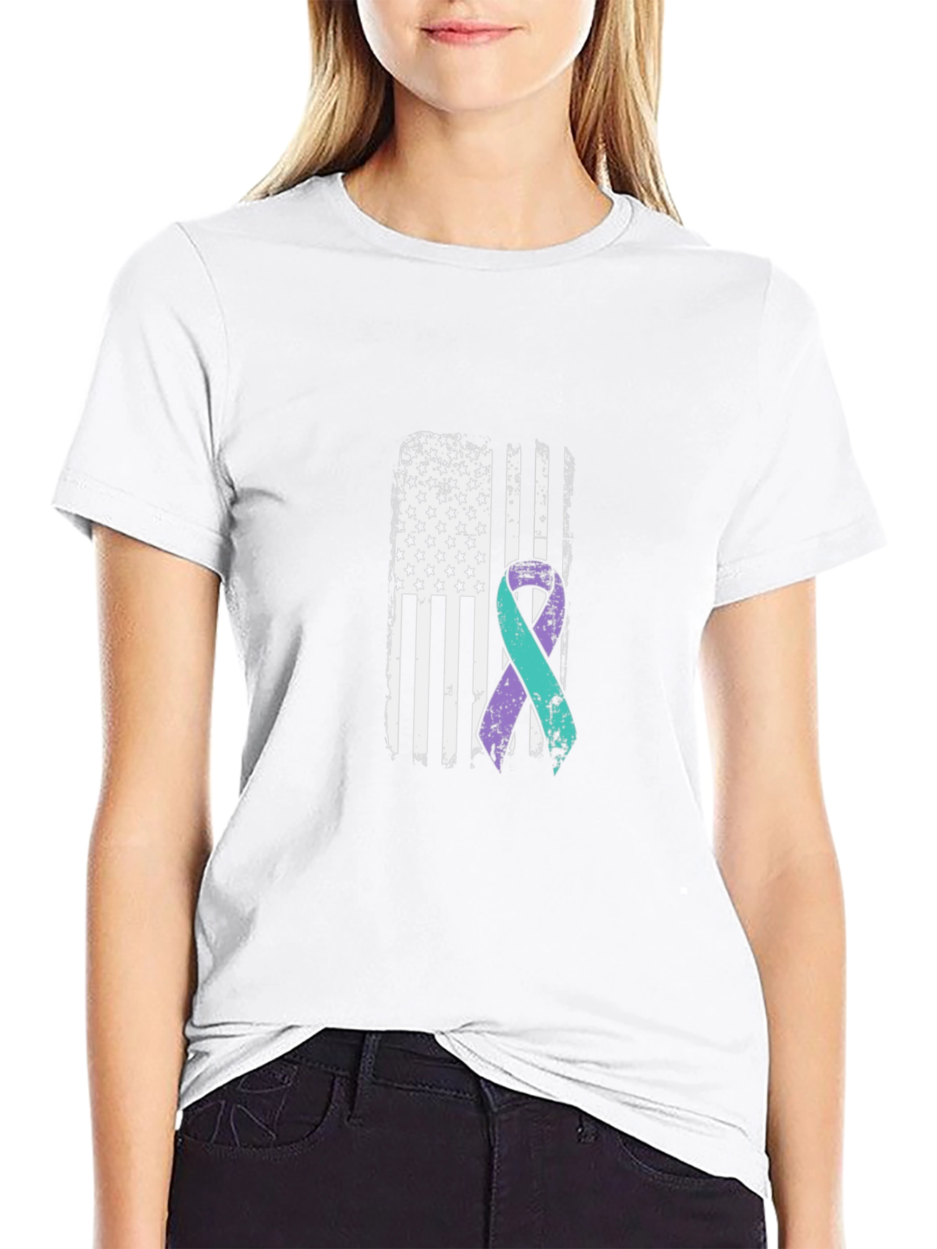 Awareness Ribbon American Flag Black T-Shirt