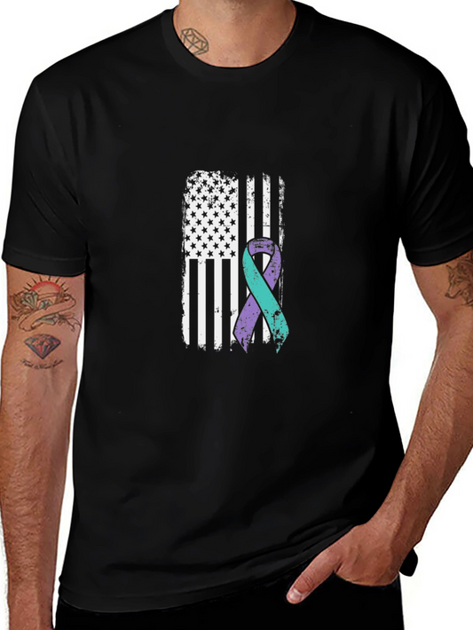 Awareness Ribbon American Flag Black T-Shirt