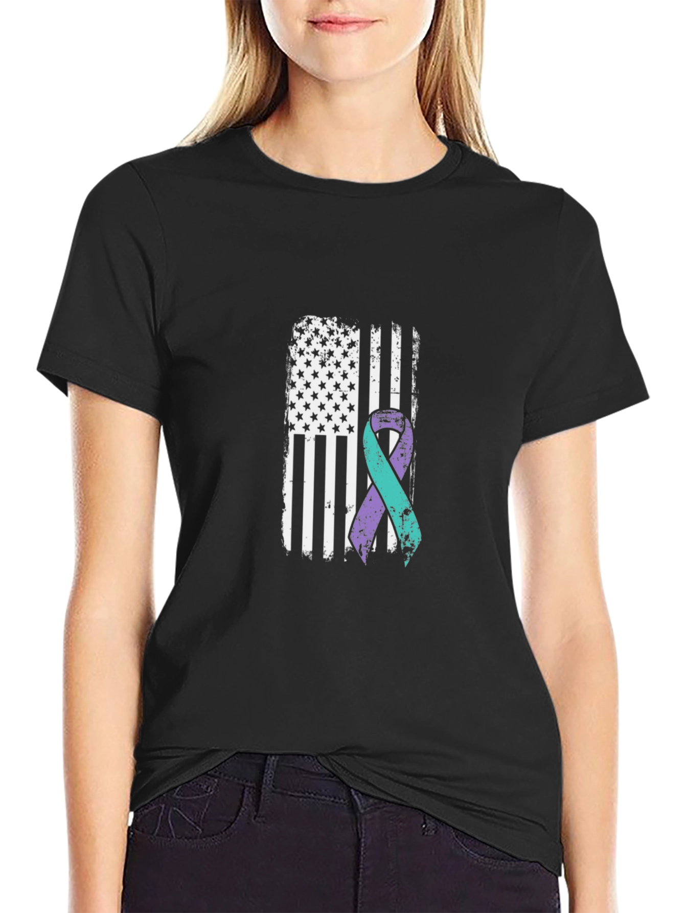 Awareness Ribbon American Flag Black T-Shirt
