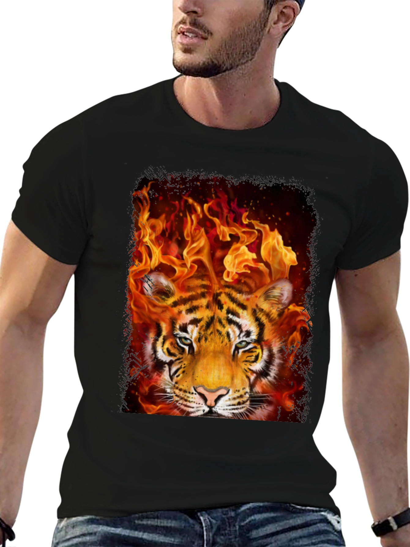 Flaming Tiger Graphic Tee - Bold Mens T-Shirt