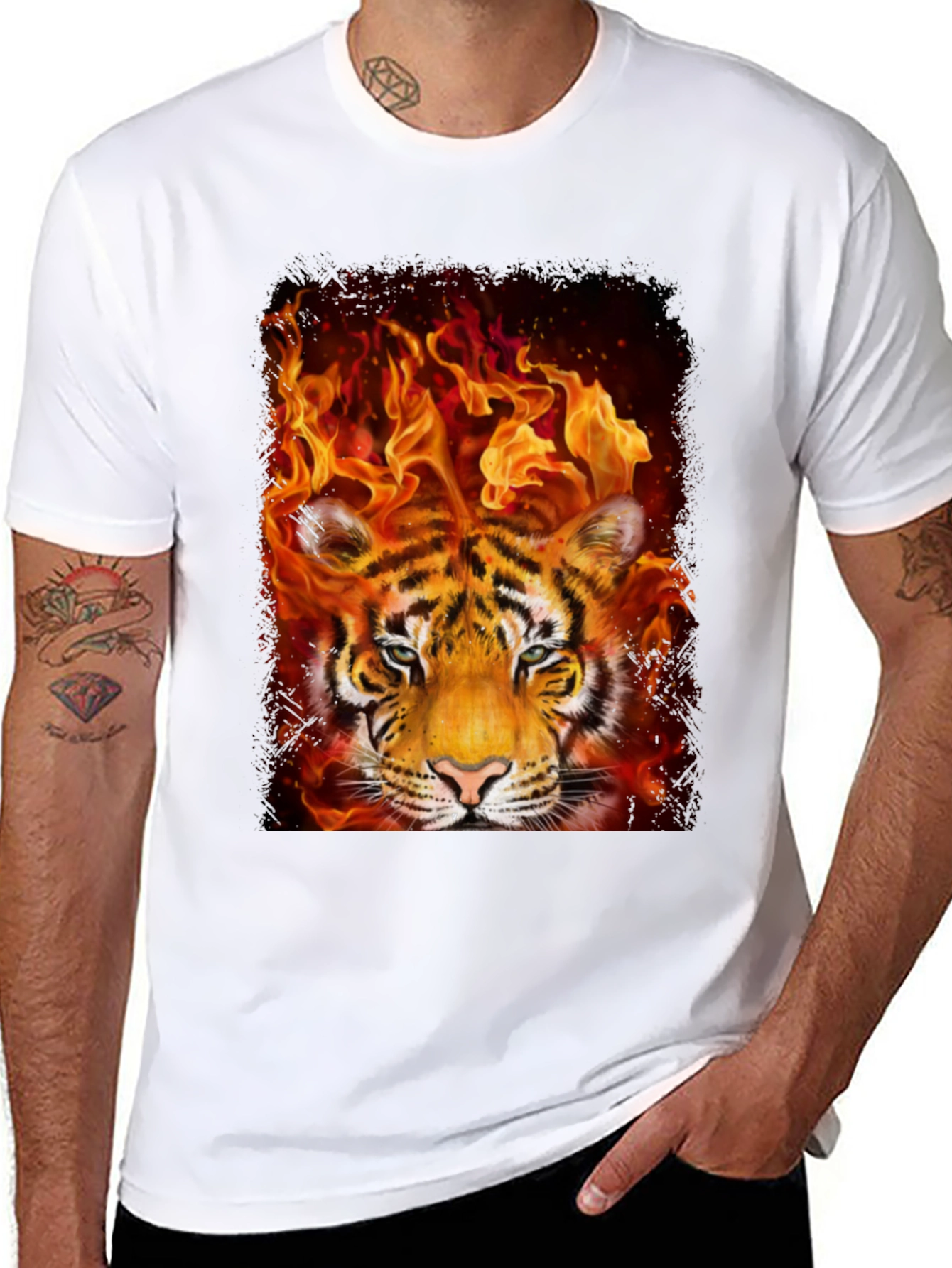 Flaming Tiger Graphic Tee - Bold Mens T-Shirt