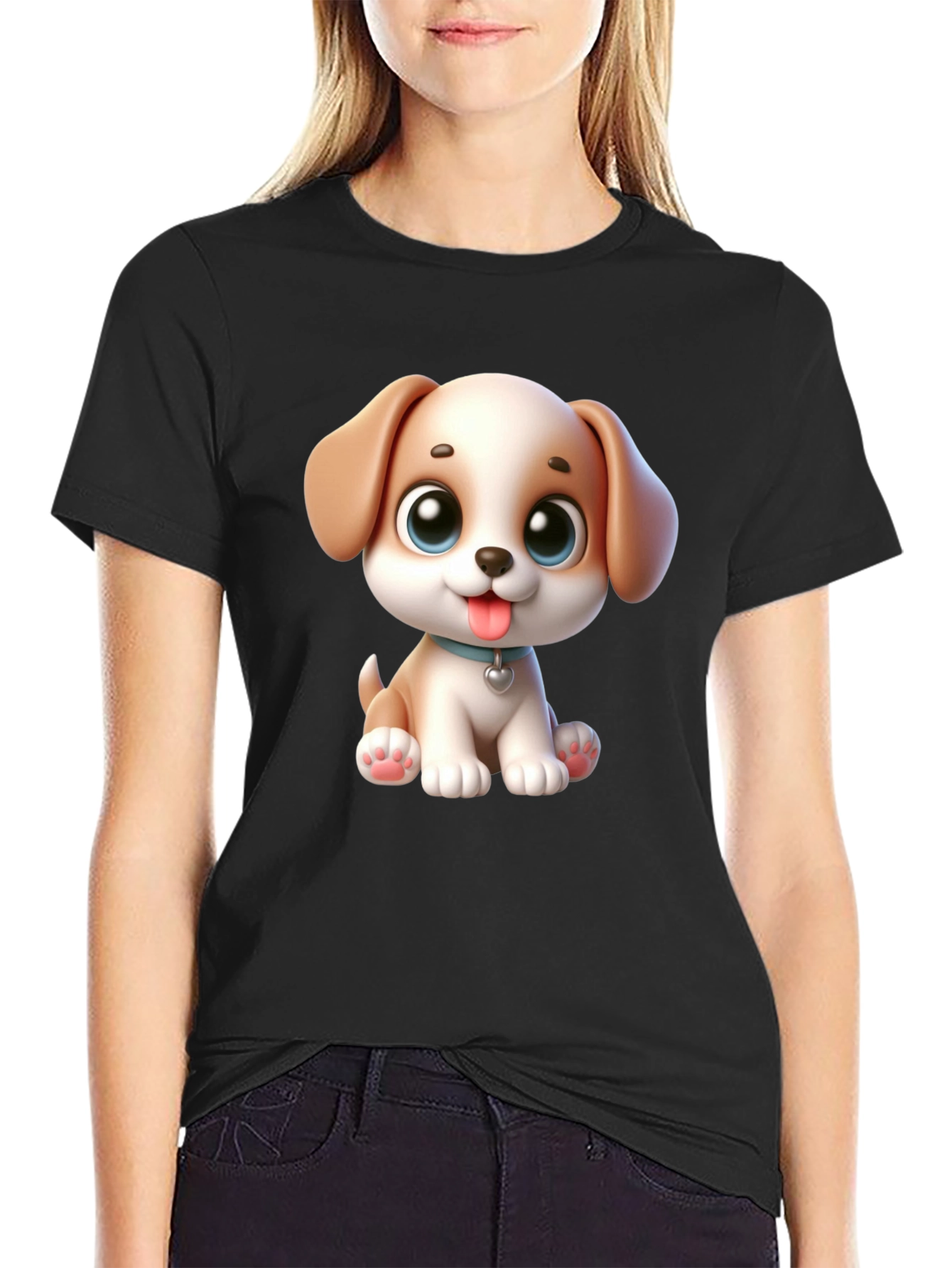 Cartoon Puppy Graphic Black T-Shirt