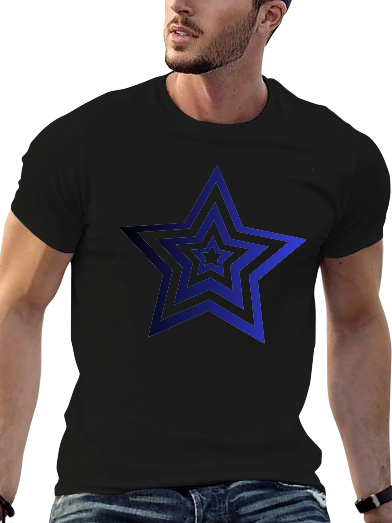 Mens Black T-Shirt with Blue Star Design