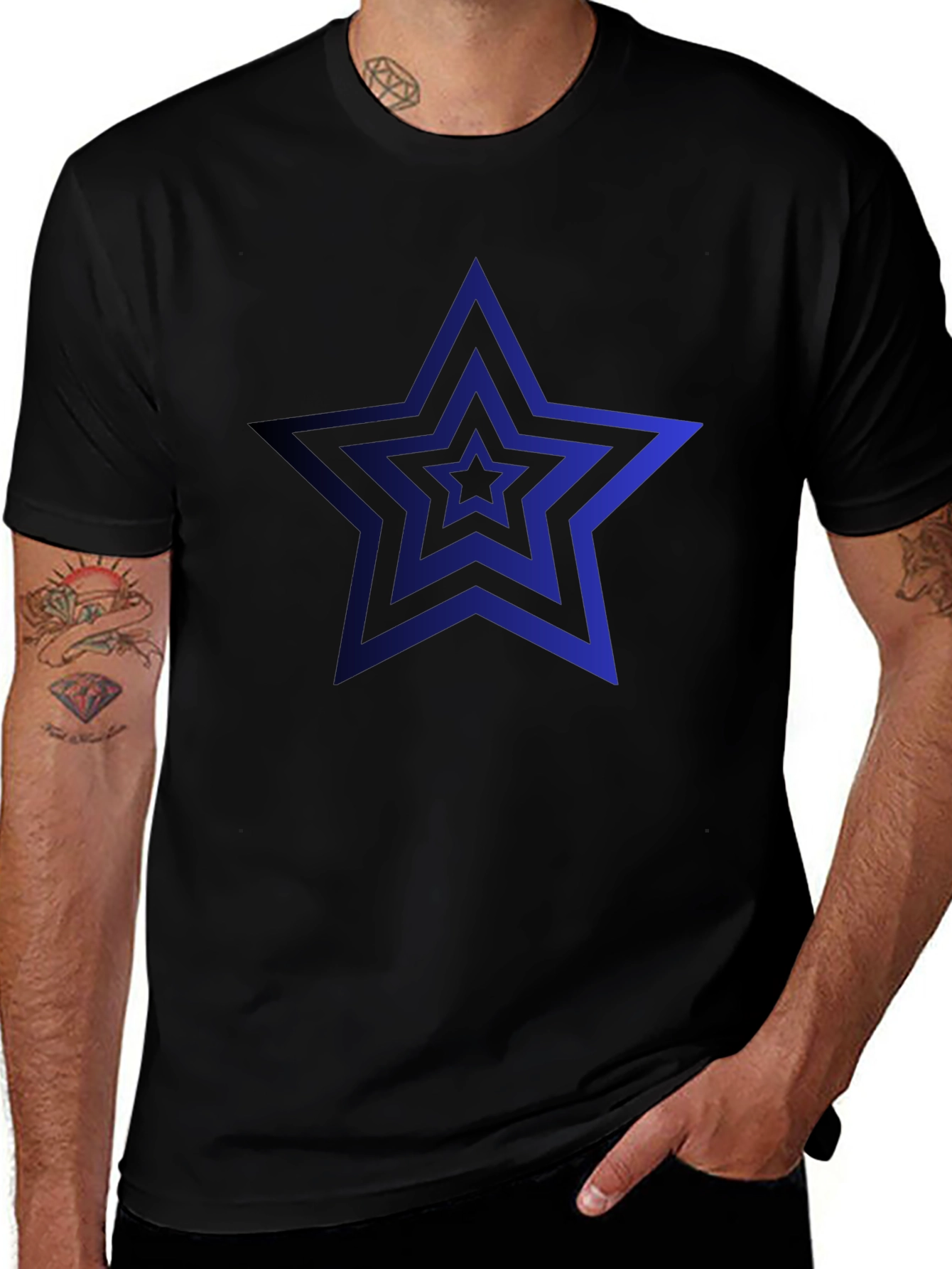 Mens Black T-Shirt with Blue Star Design