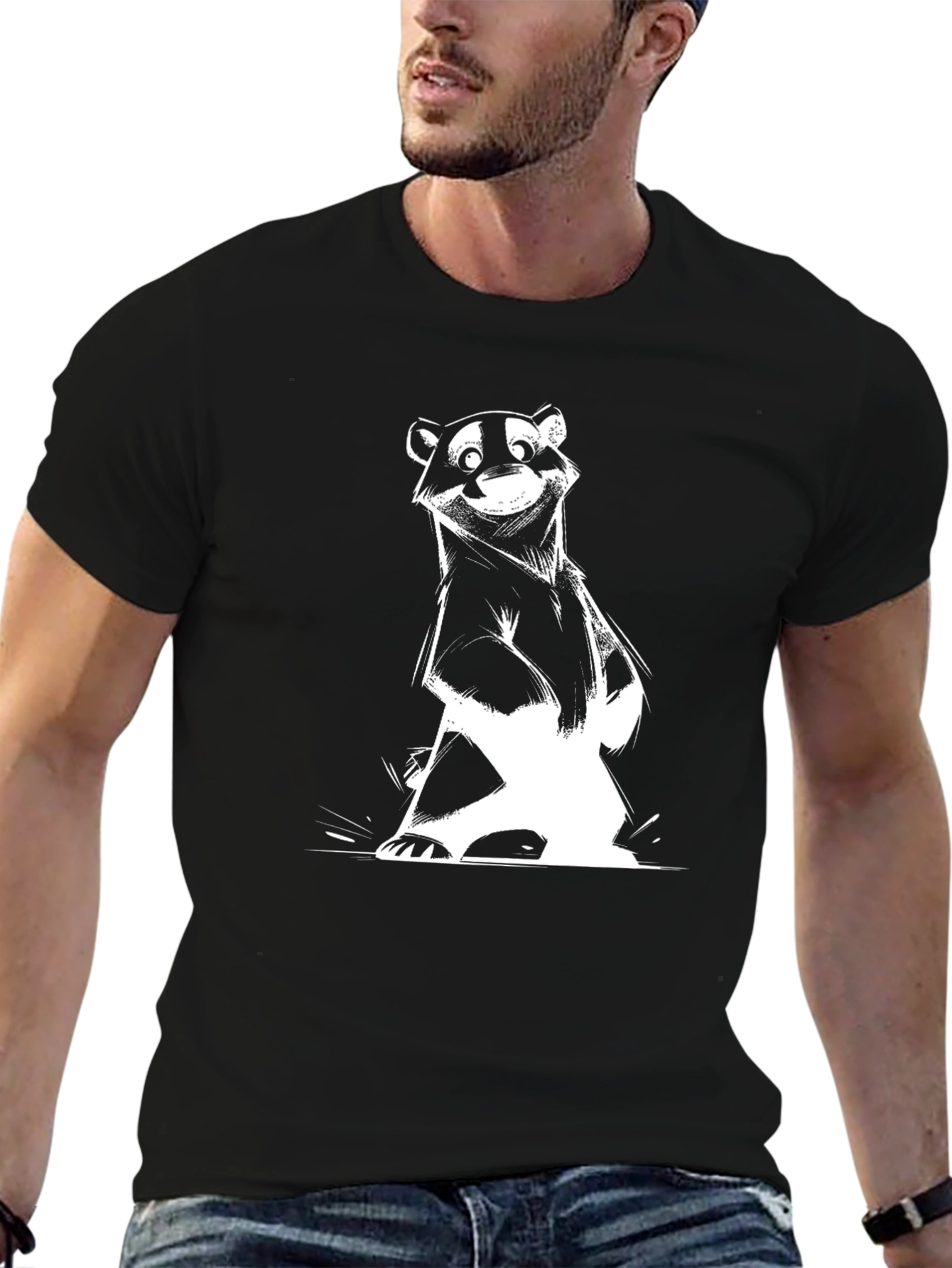 Cartoon Badger Graphic Tee - Black Cotton Blend