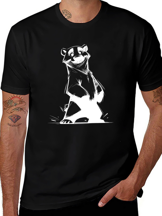 Cartoon Badger Graphic Tee - Black Cotton Blend