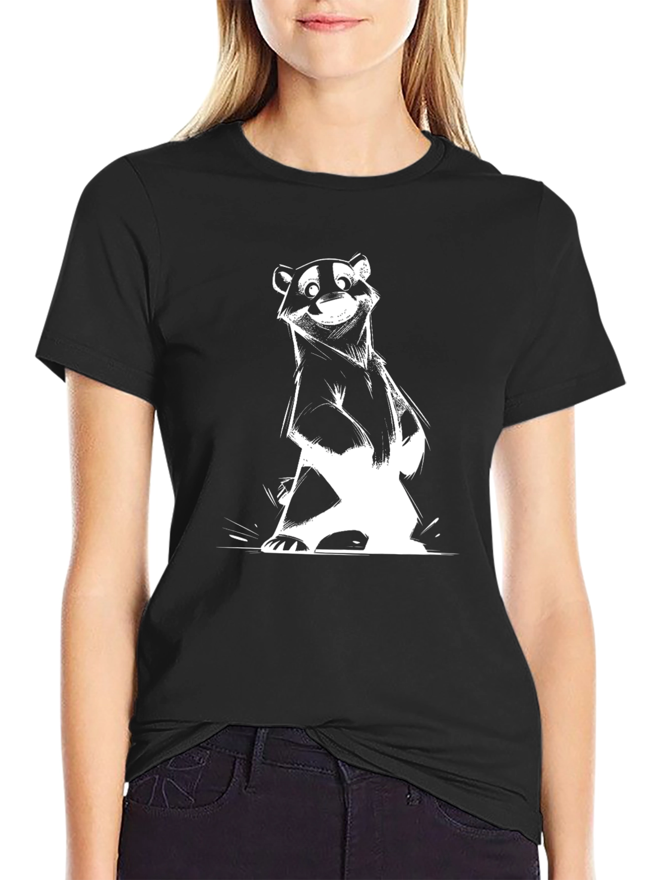 Cartoon Badger Graphic Tee - Black Cotton Blend