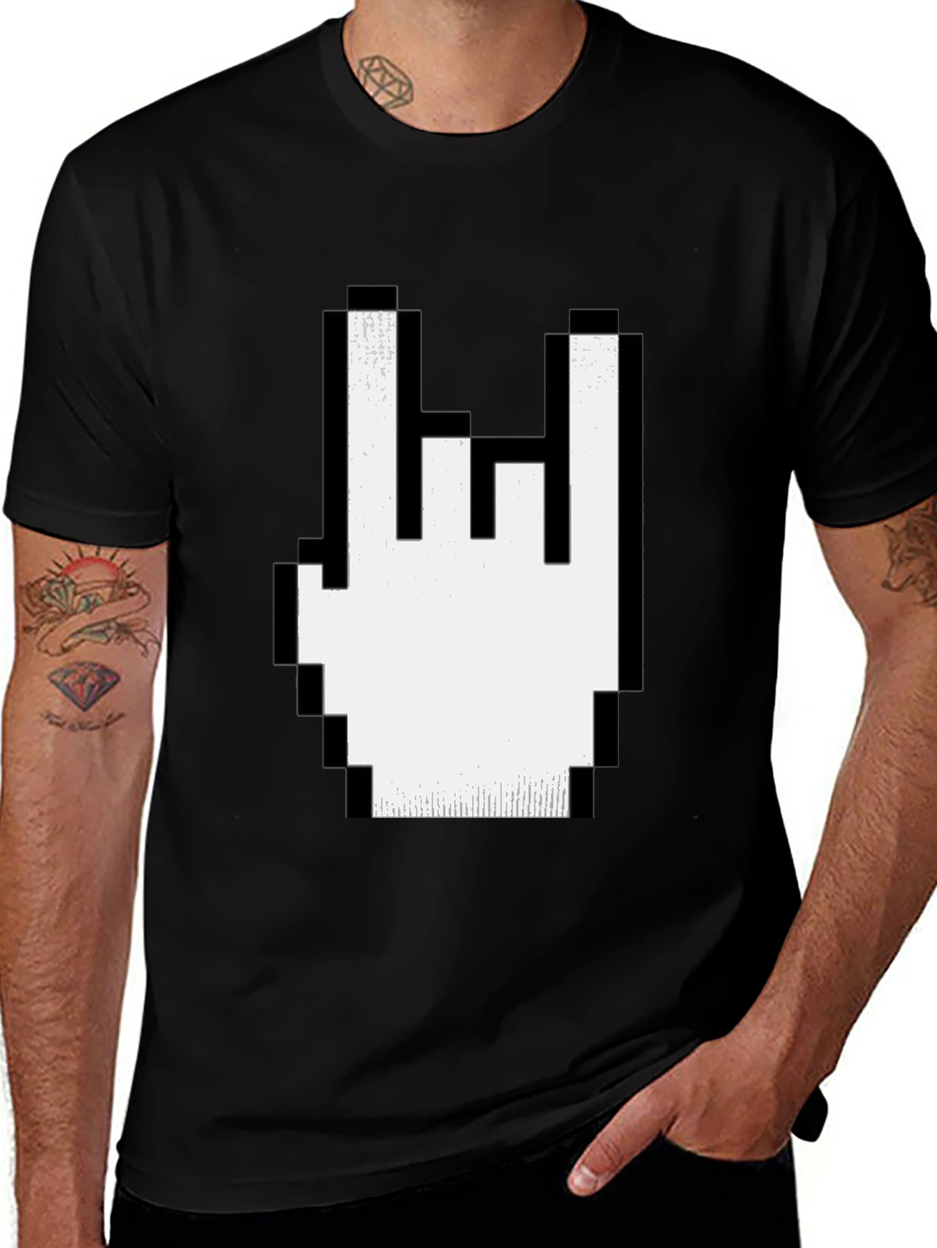 Pixel Rock Hand Gesture Black T-Shirt