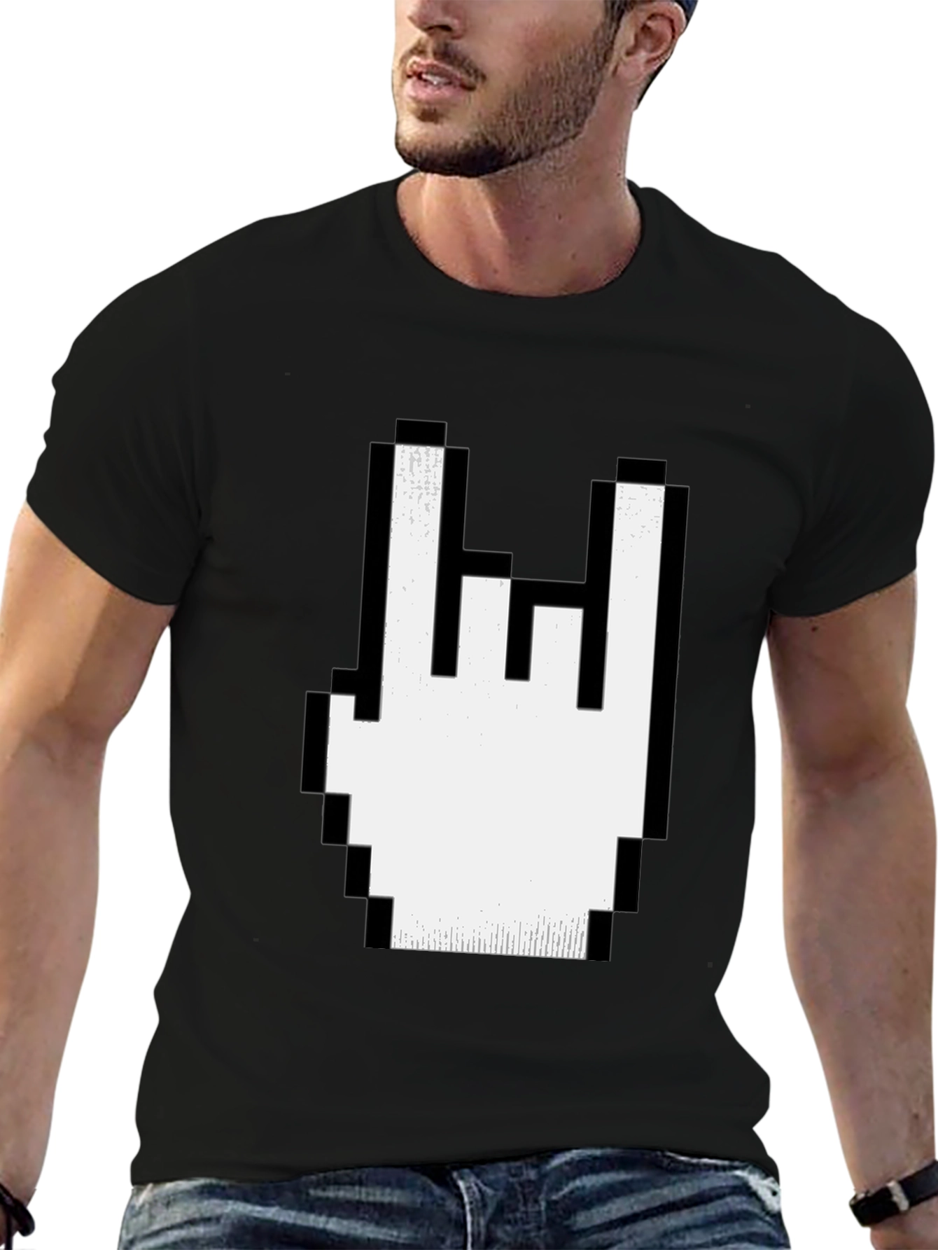 Pixel Rock Hand Gesture Black T-Shirt