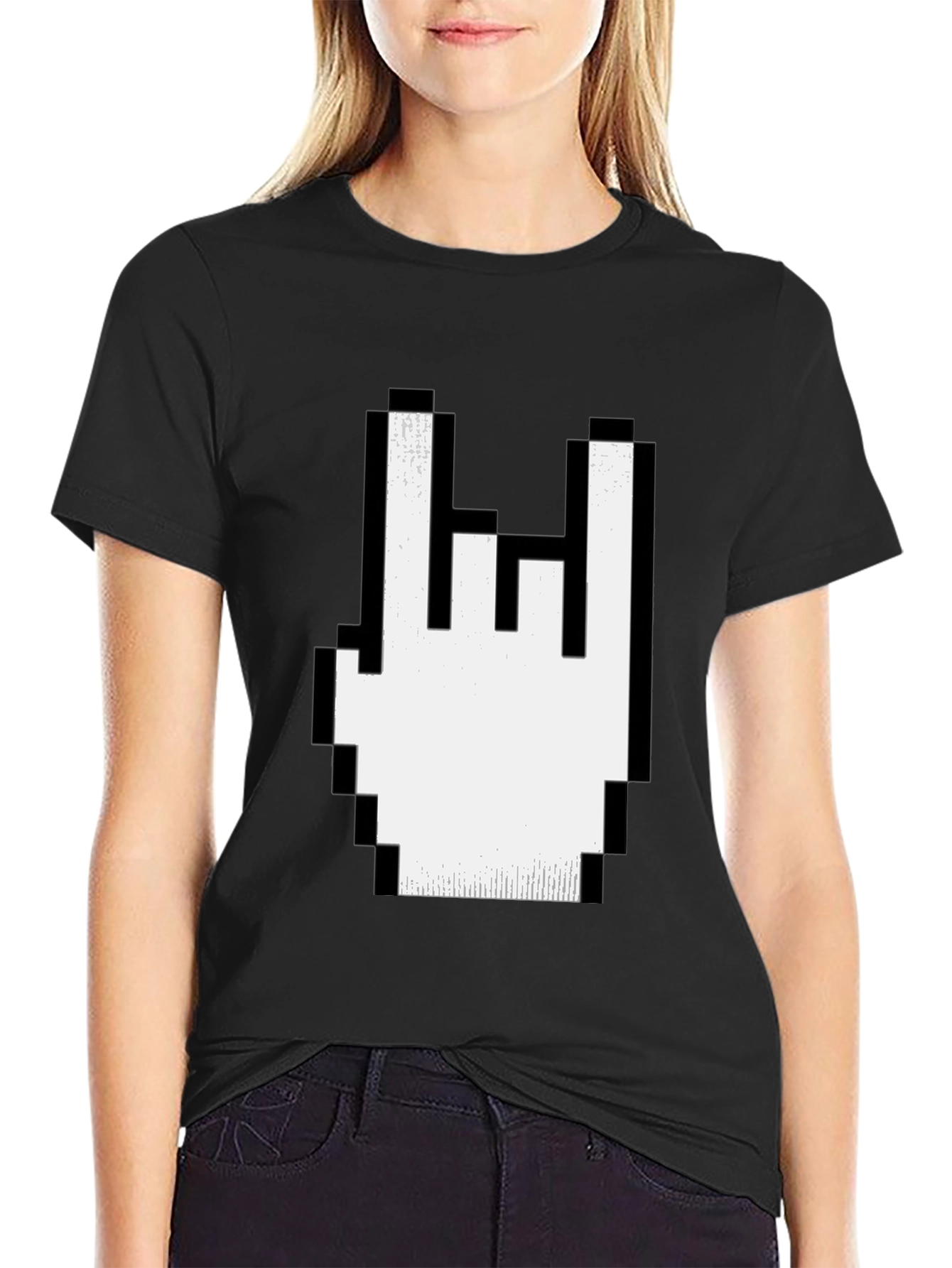 Pixel Rock Hand Gesture Black T-Shirt