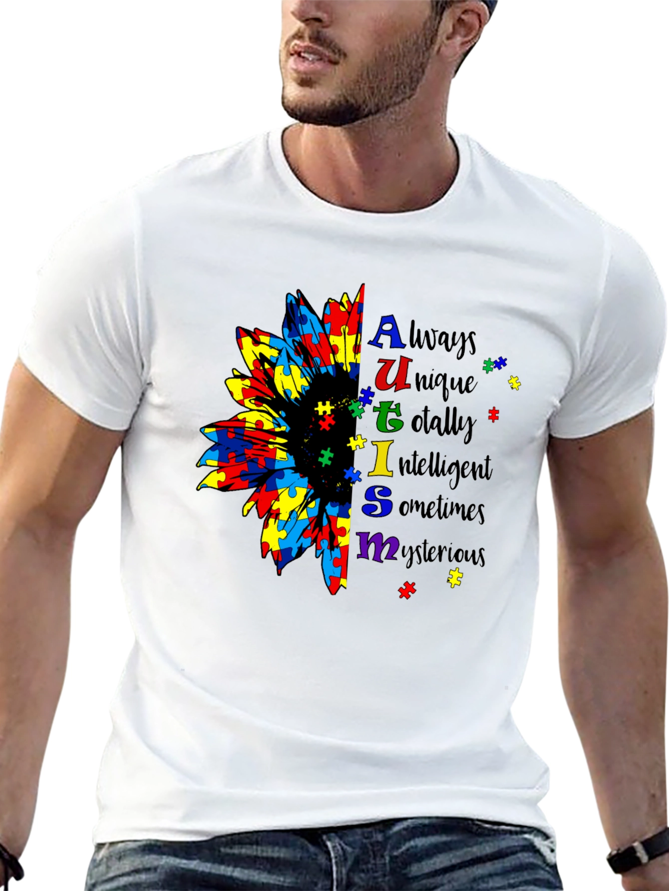 Autism Awareness Sunflower Puzzle Piece Graphic T-Shirt