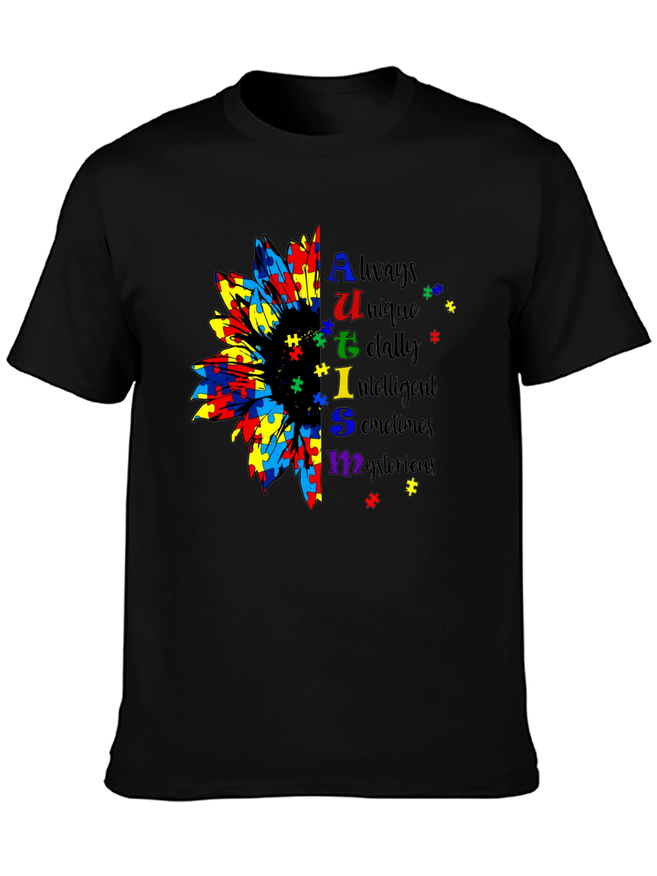 Autism Awareness Sunflower Puzzle Piece Graphic T-Shirt