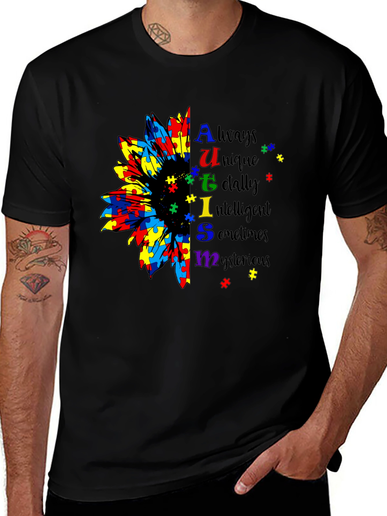 Autism Awareness Sunflower Puzzle Piece Graphic T-Shirt