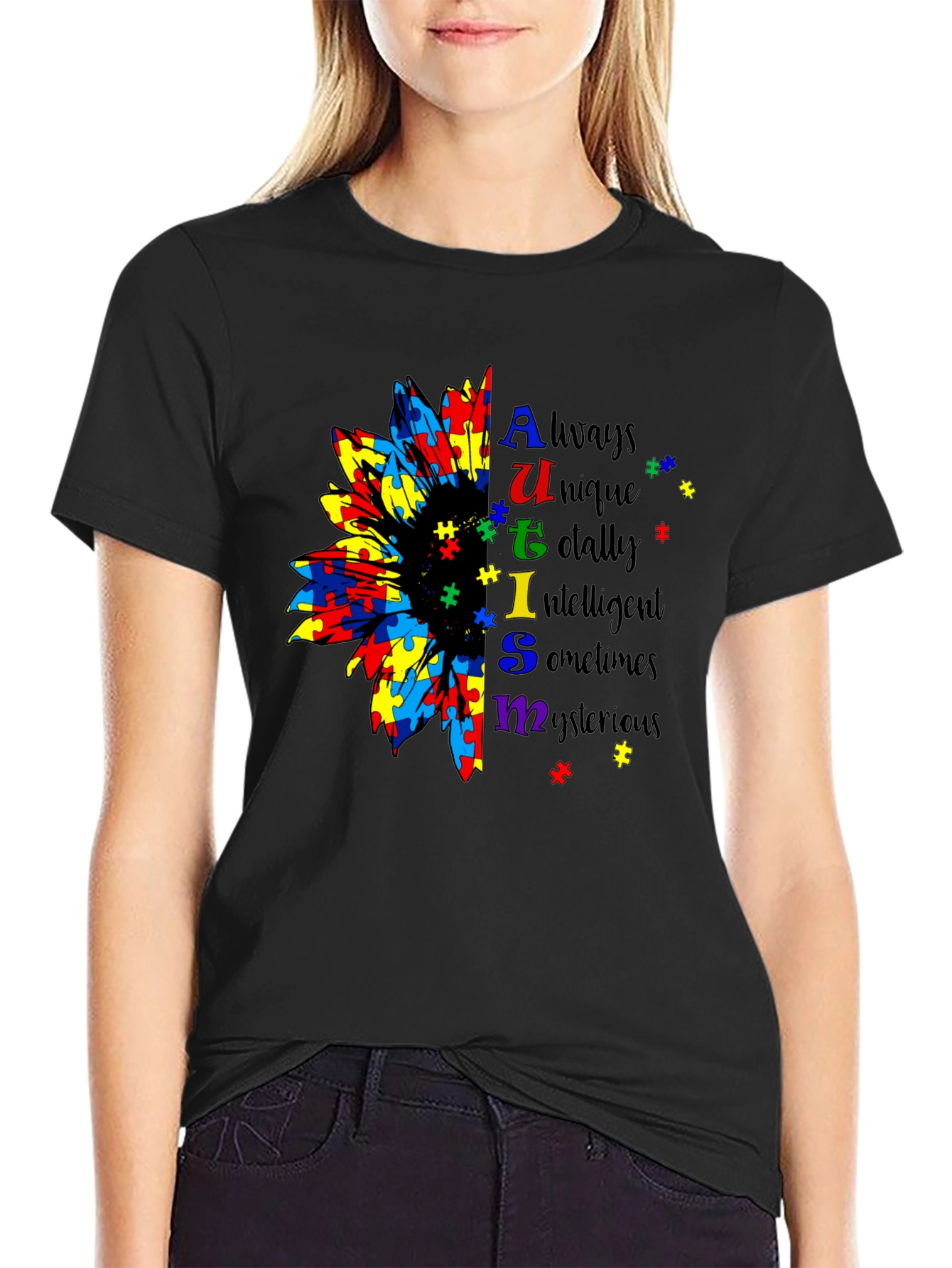 Autism Awareness Sunflower Puzzle Piece Graphic T-Shirt