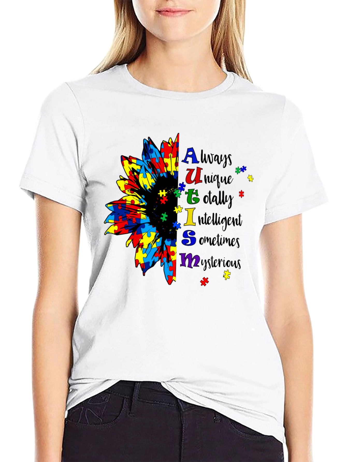Autism Awareness Sunflower Puzzle Piece Graphic T-Shirt