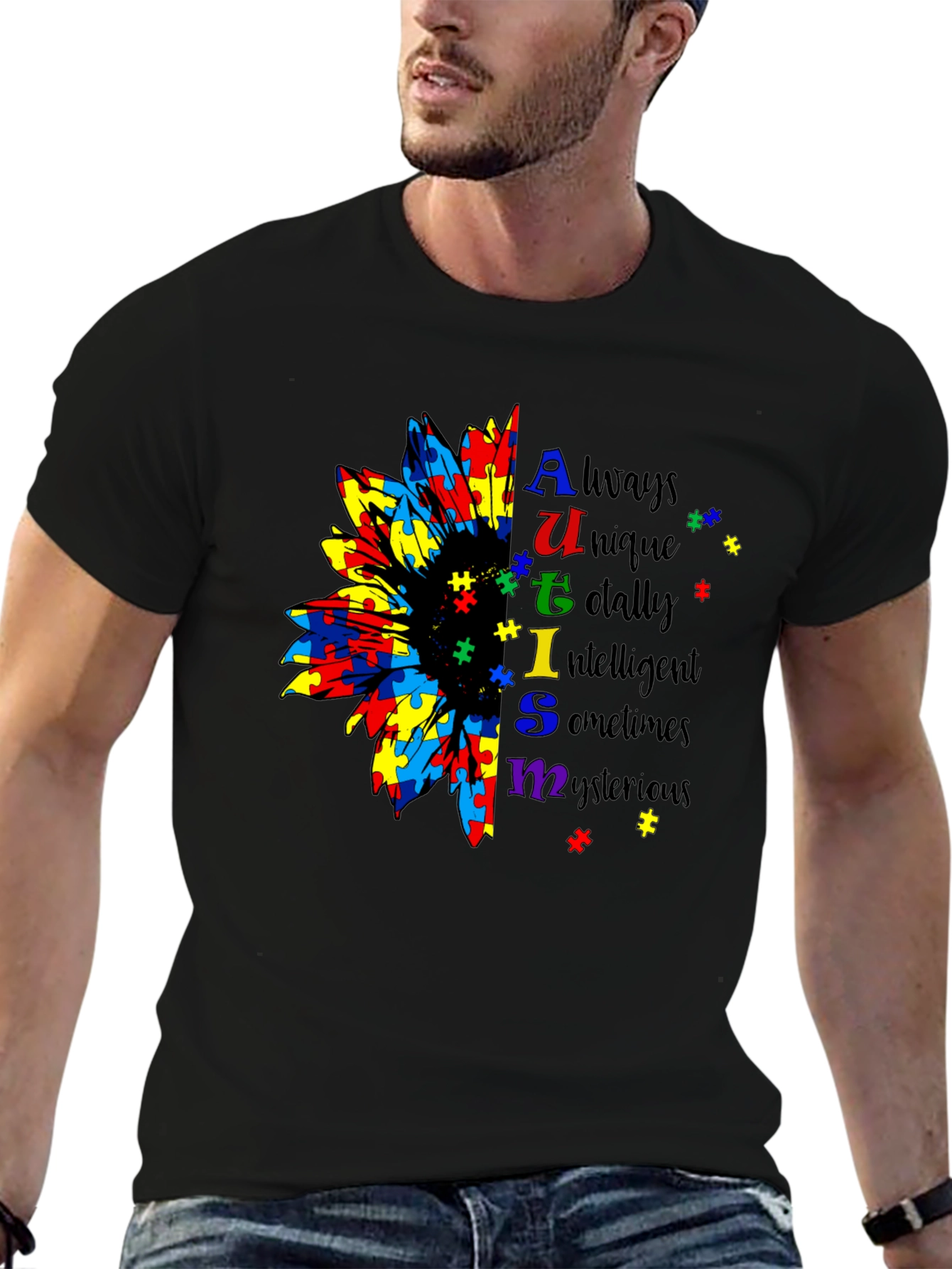Autism Awareness Sunflower Puzzle Piece Graphic T-Shirt