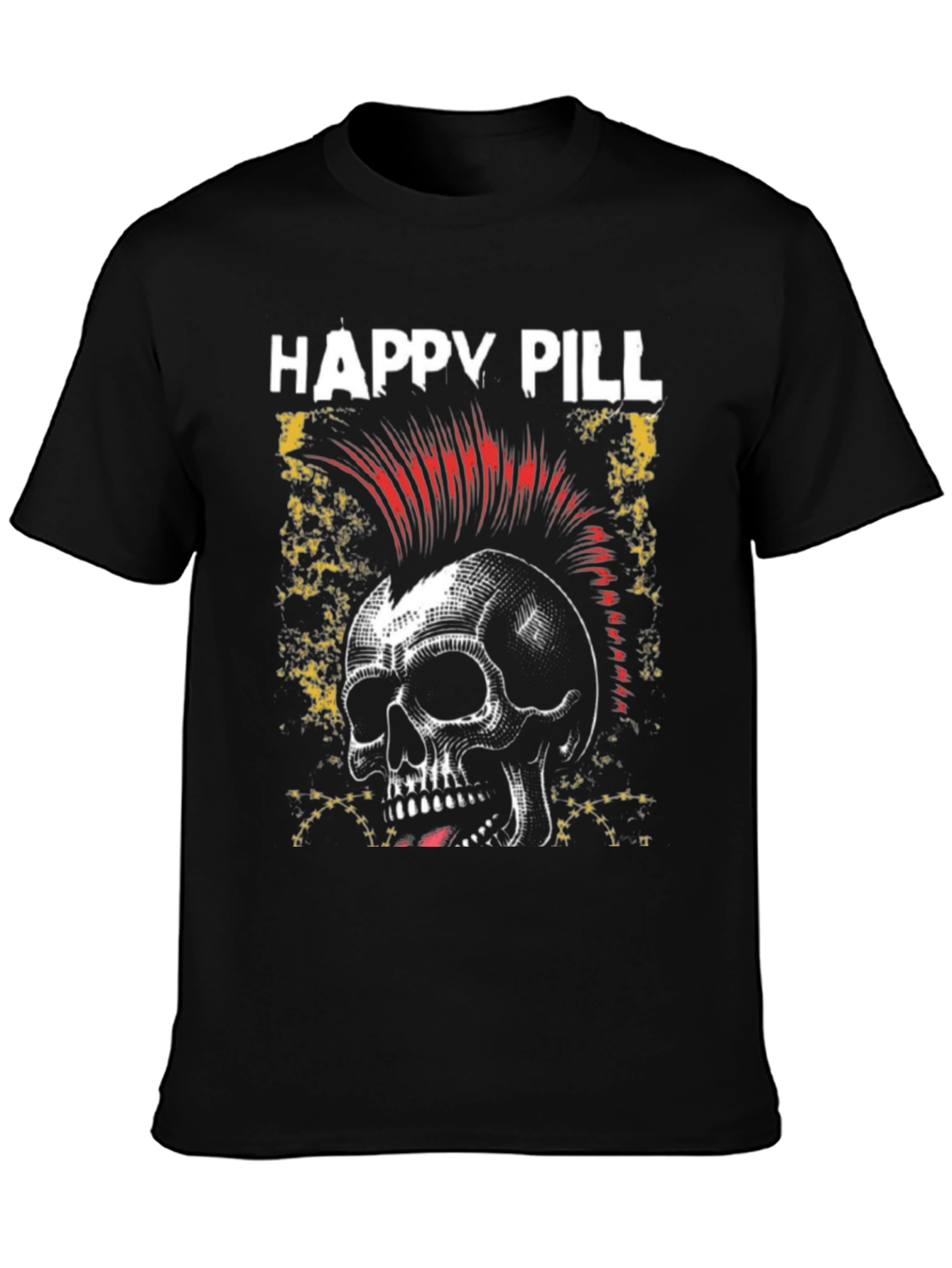 Happy Pill Skull Punk Graphic Black T-Shirt
