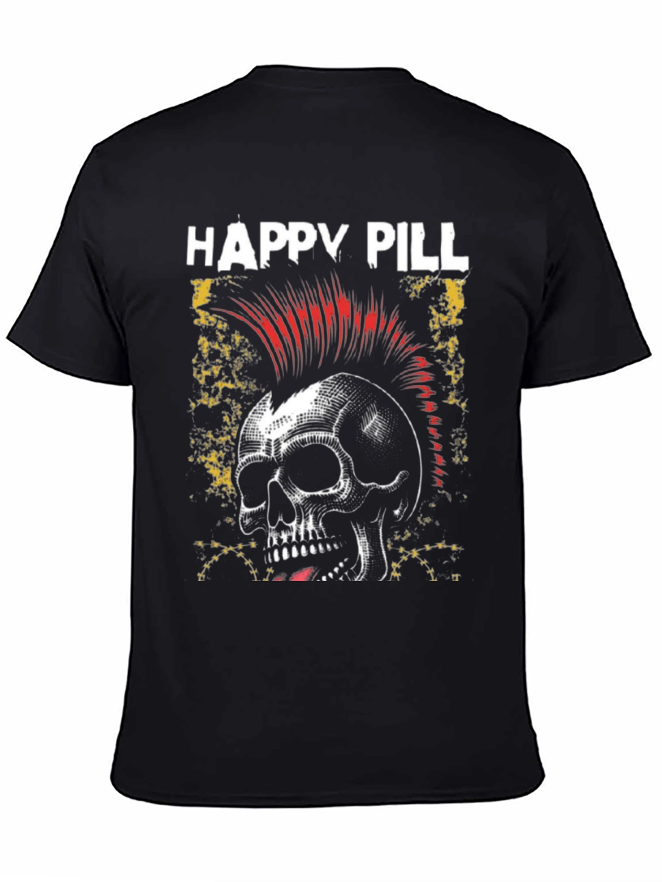 Happy Pill Skull Punk Graphic Black T-Shirt