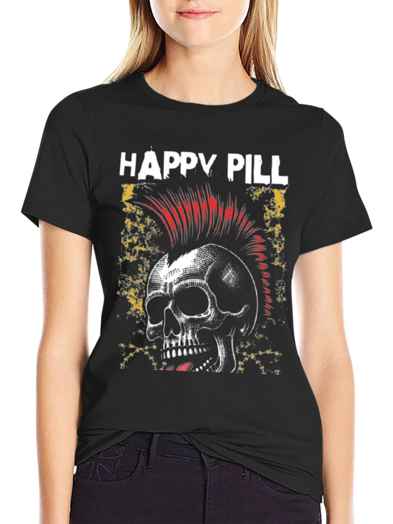 Happy Pill Skull Punk Graphic Black T-Shirt