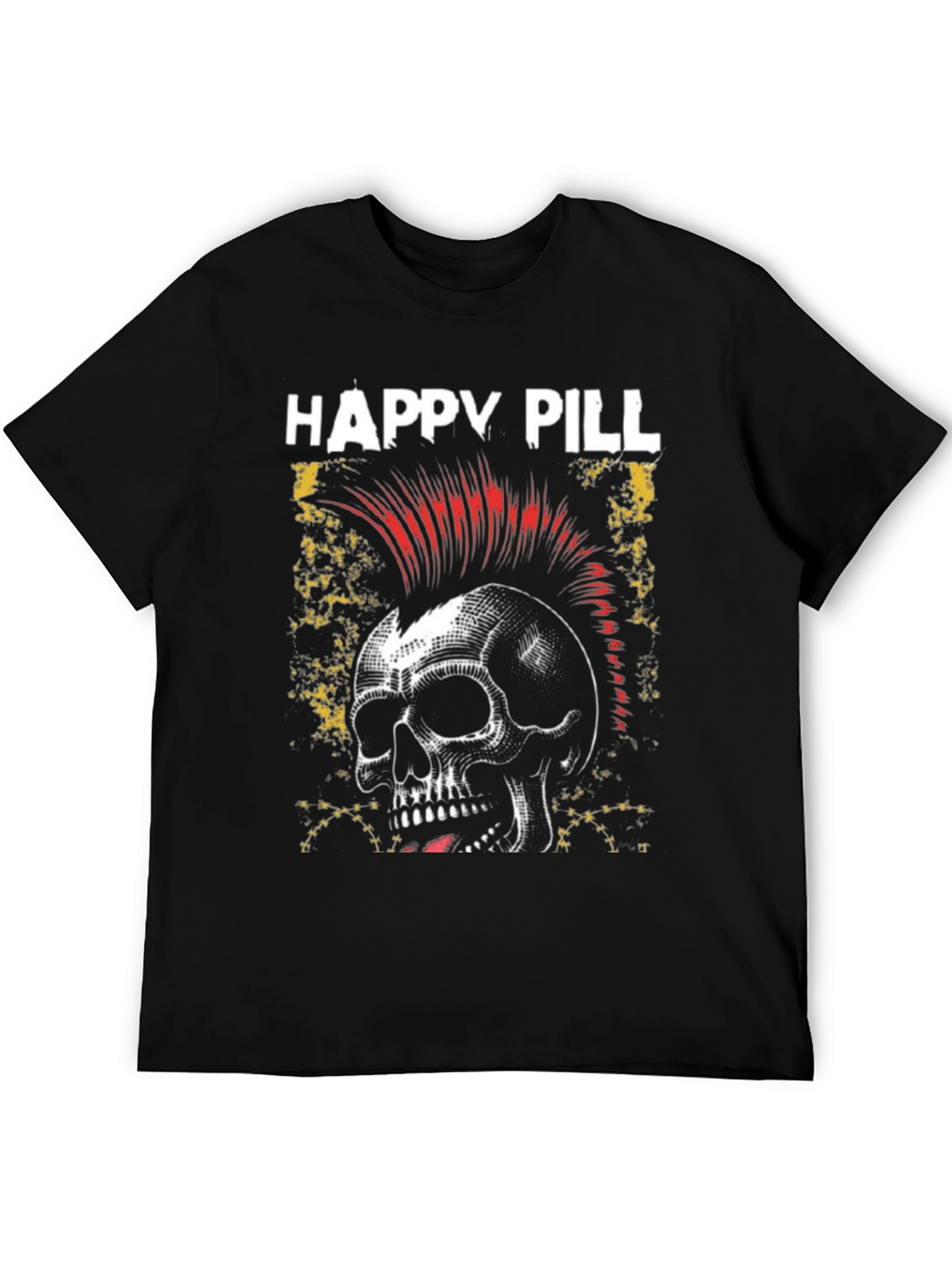 Happy Pill Skull Punk Graphic Black T-Shirt
