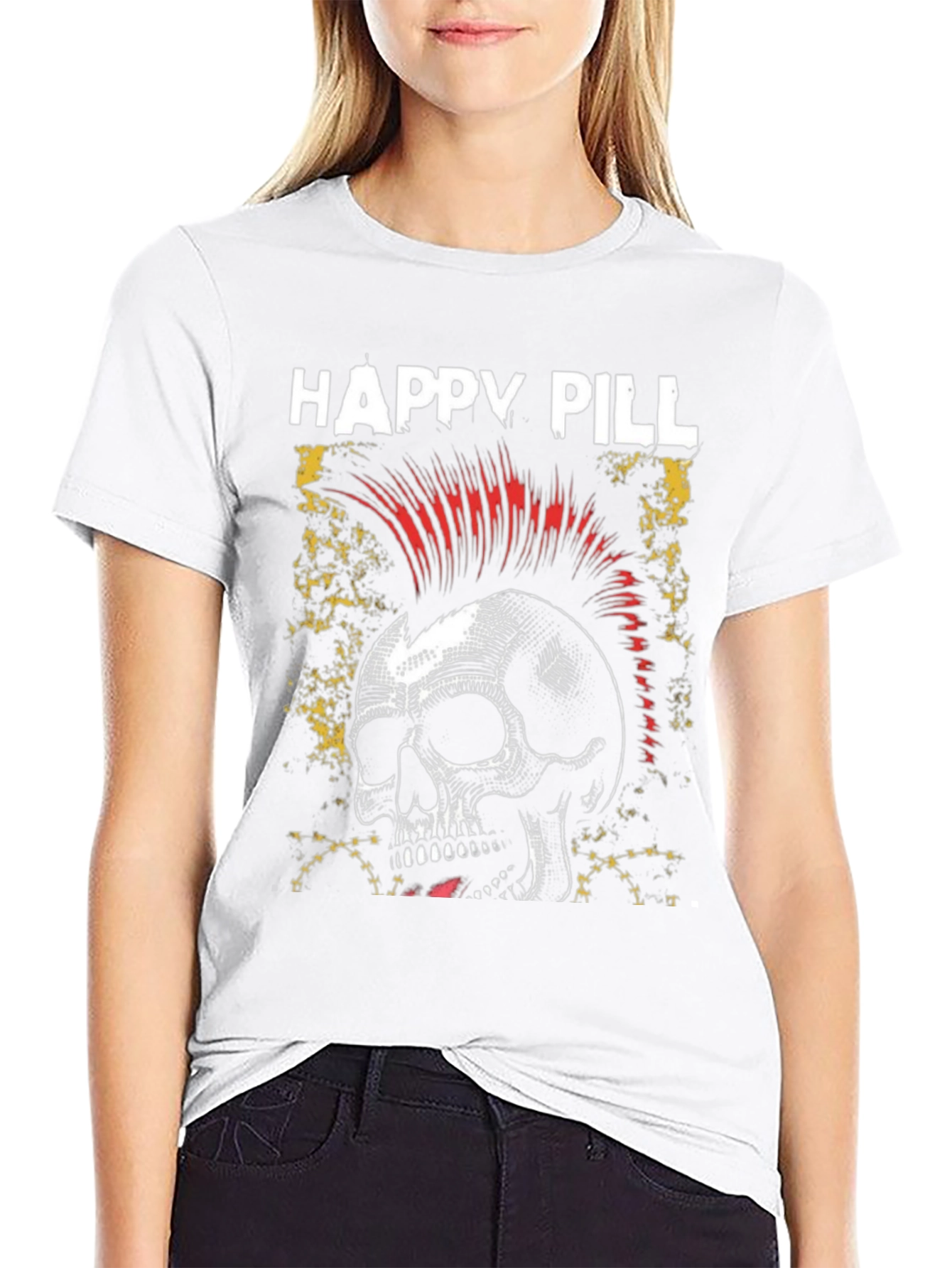 Happy Pill Skull Punk Graphic Black T-Shirt