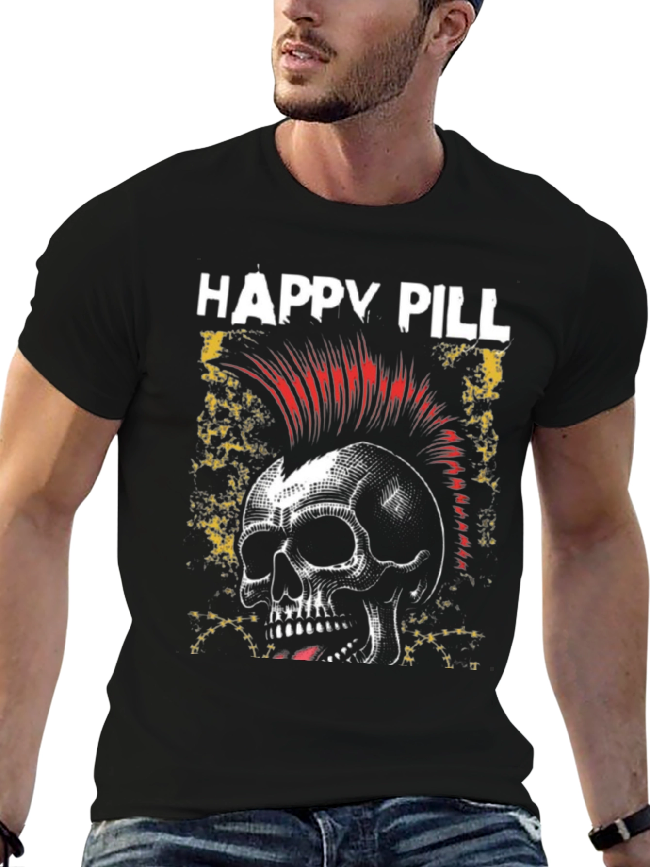 Happy Pill Skull Punk Graphic Black T-Shirt