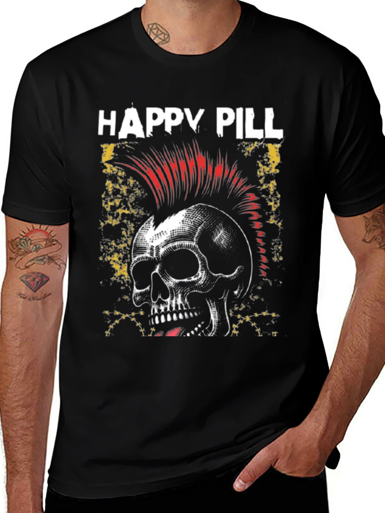 Happy Pill Skull Punk Graphic Black T-Shirt