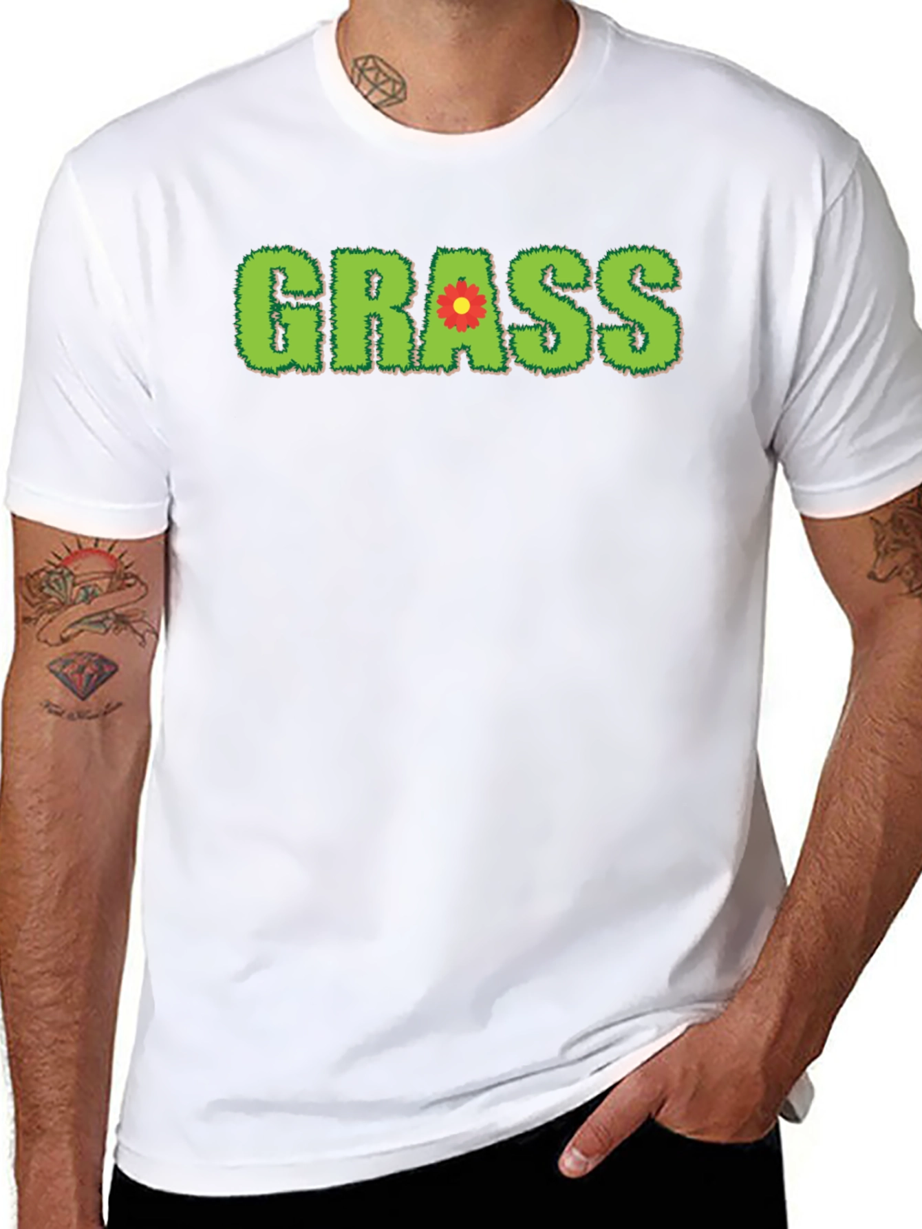 Novelty Grass Graphic T-Shirt - Black Cotton Blend