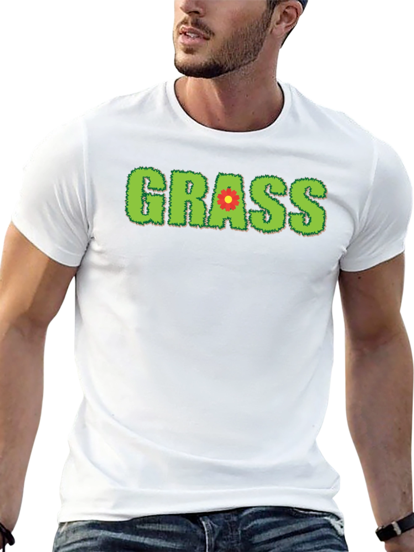 Novelty Grass Graphic T-Shirt - Black Cotton Blend