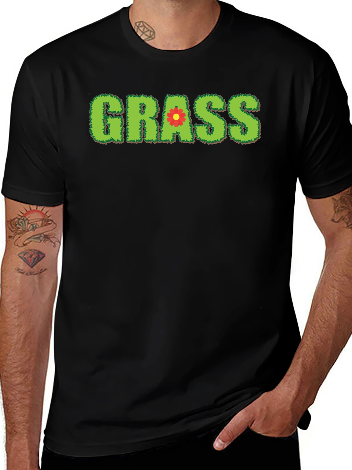 Novelty Grass Graphic T-Shirt - Black Cotton Blend