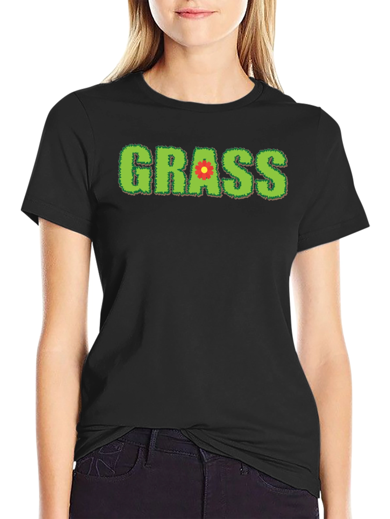 Novelty Grass Graphic T-Shirt - Black Cotton Blend