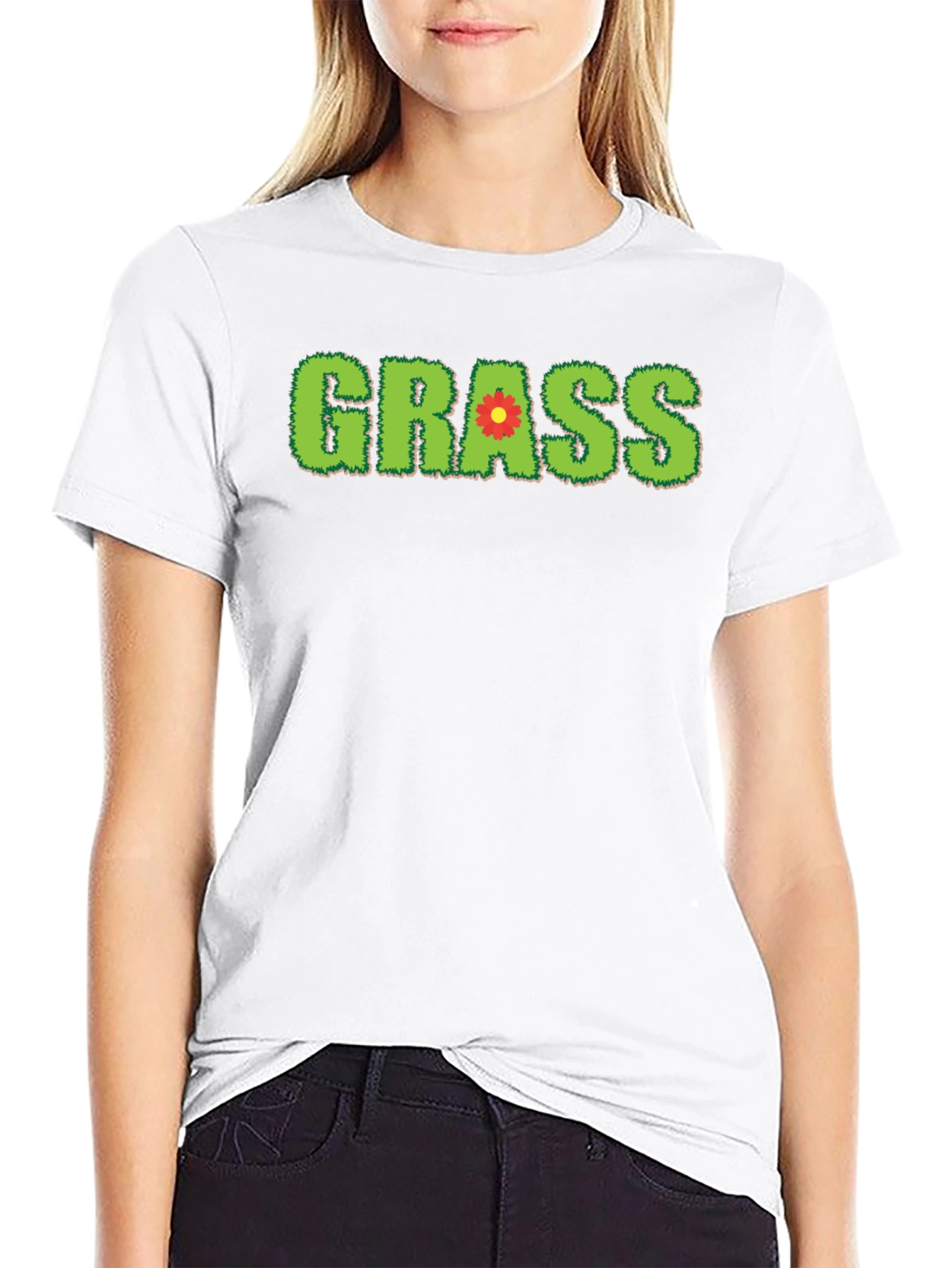 Novelty Grass Graphic T-Shirt - Black Cotton Blend