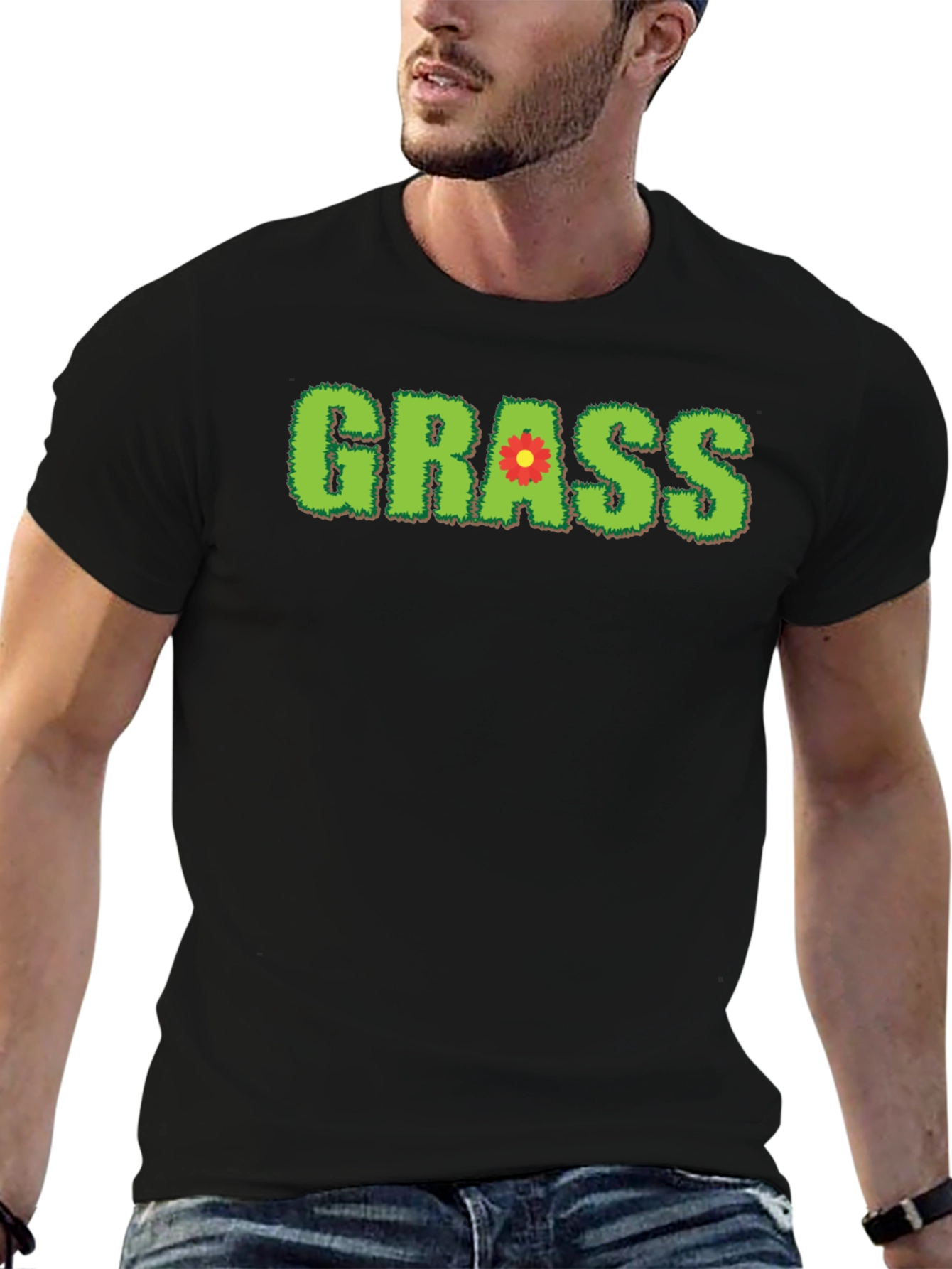Novelty Grass Graphic T-Shirt - Black Cotton Blend