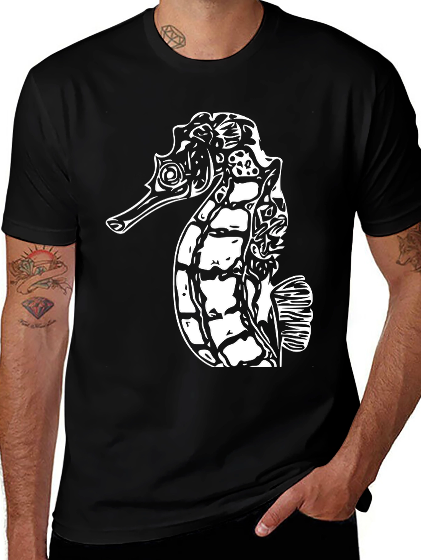 Sea Horse Graphic Tee - Black Cotton T-Shirt