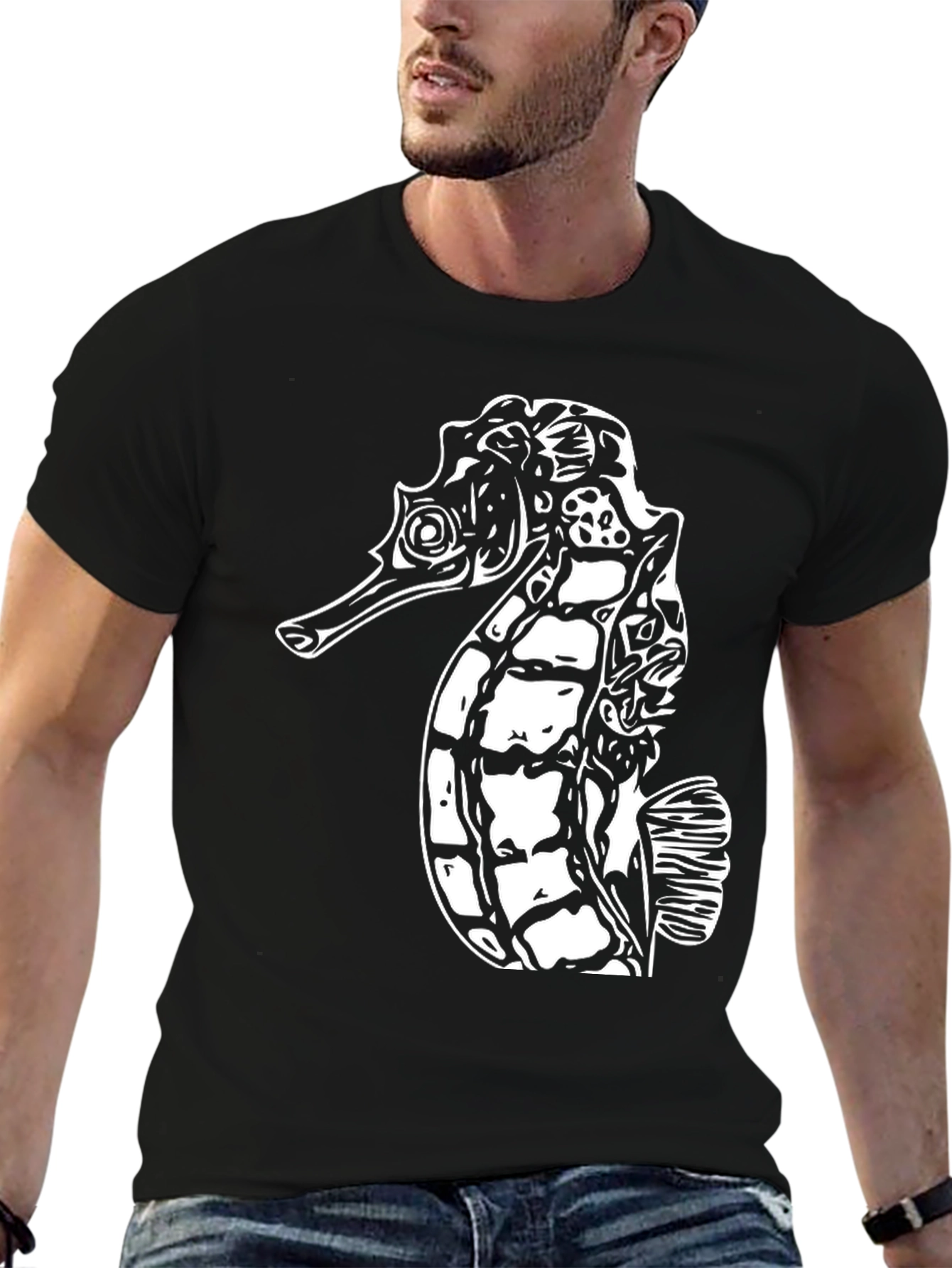 Sea Horse Graphic Tee - Black Cotton T-Shirt