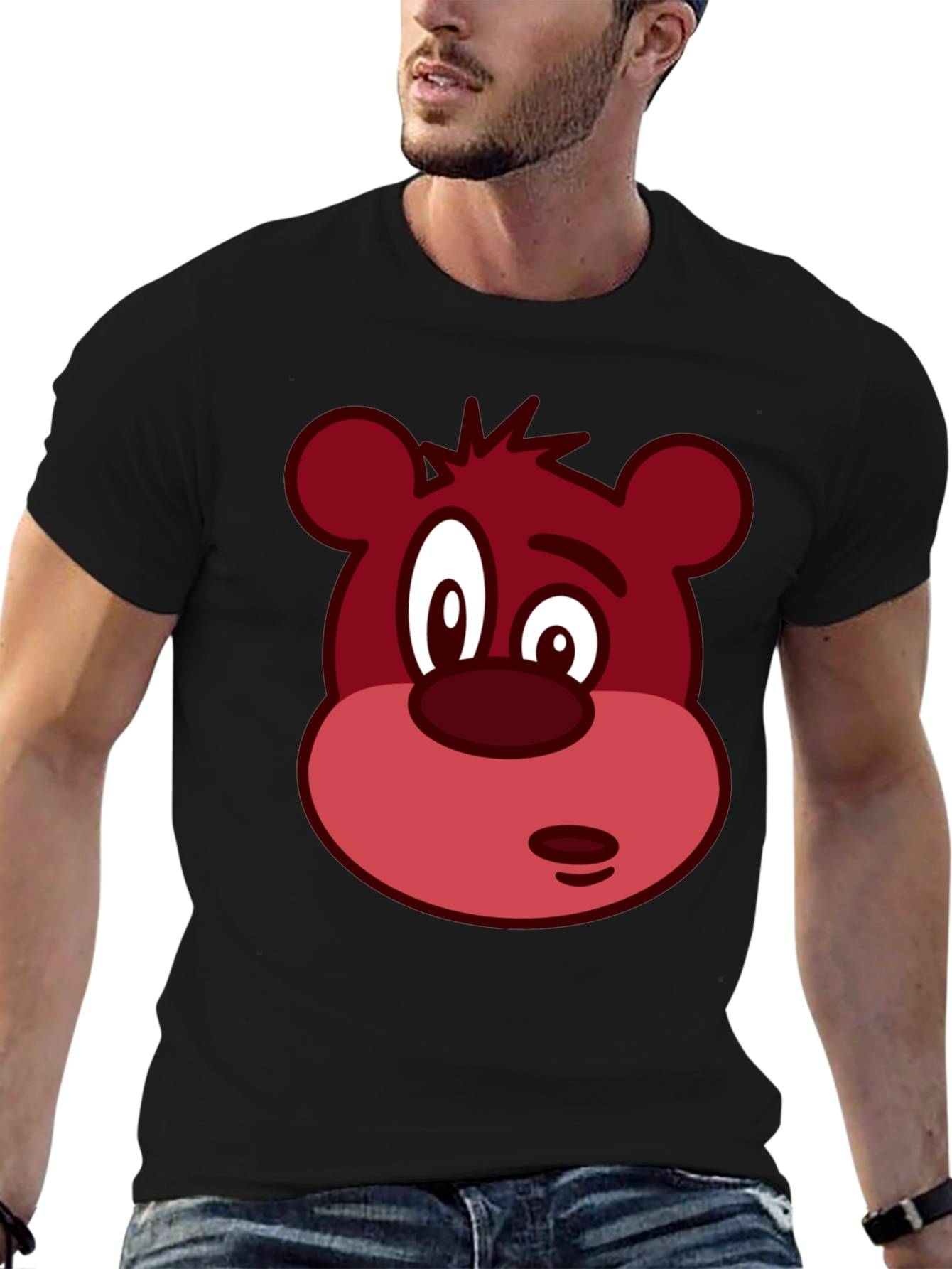 Novelty Bear Face Graphic Black T-Shirt