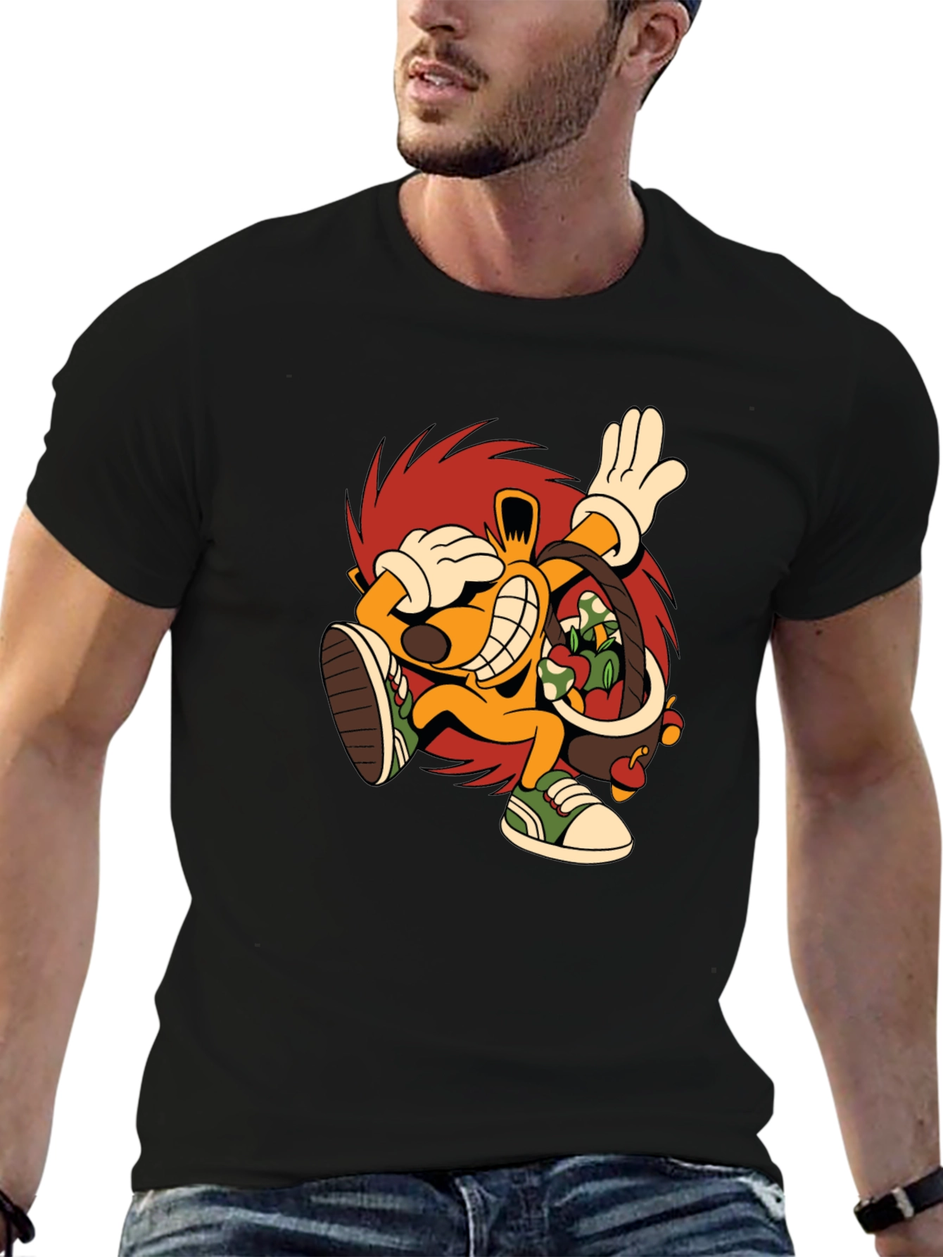 Cartoon Hedgehog Graphic Black T-Shirt