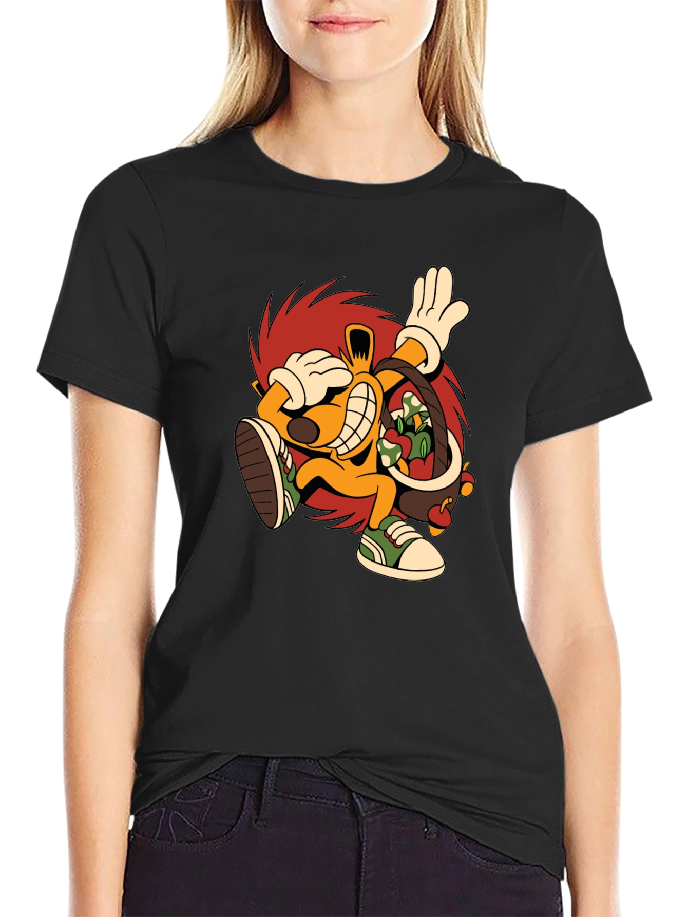 Cartoon Hedgehog Graphic Black T-Shirt