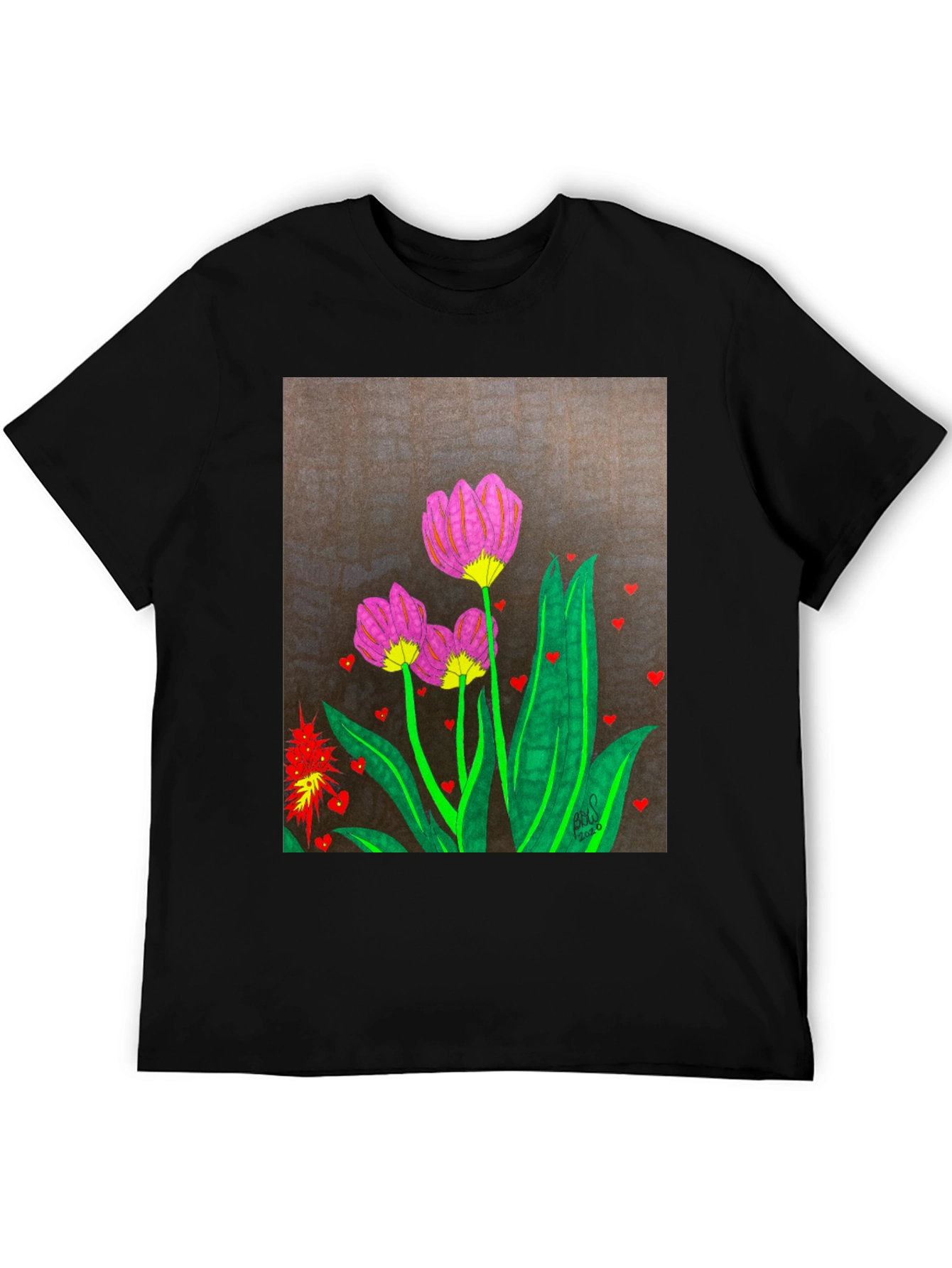 Floral Heart Art Black T-Shirt