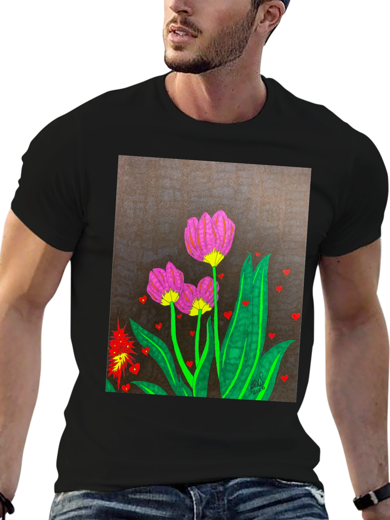 Floral Heart Art Black T-Shirt