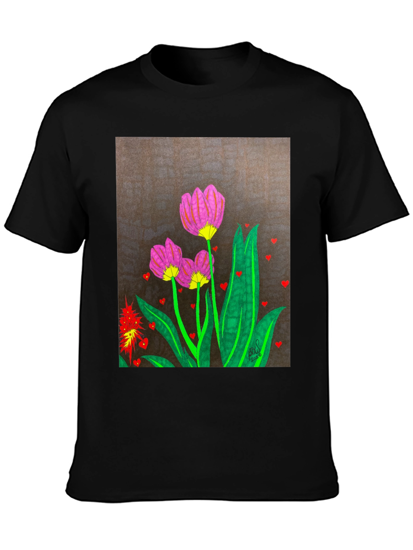 Floral Heart Art Black T-Shirt