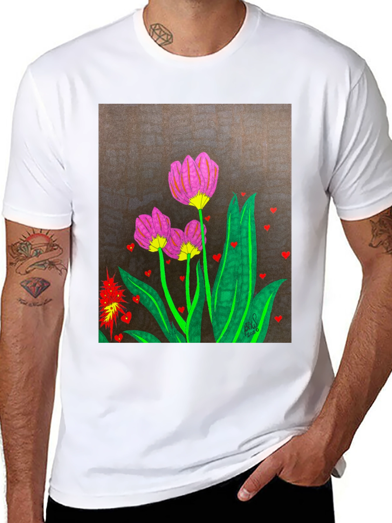 Floral Heart Art Black T-Shirt