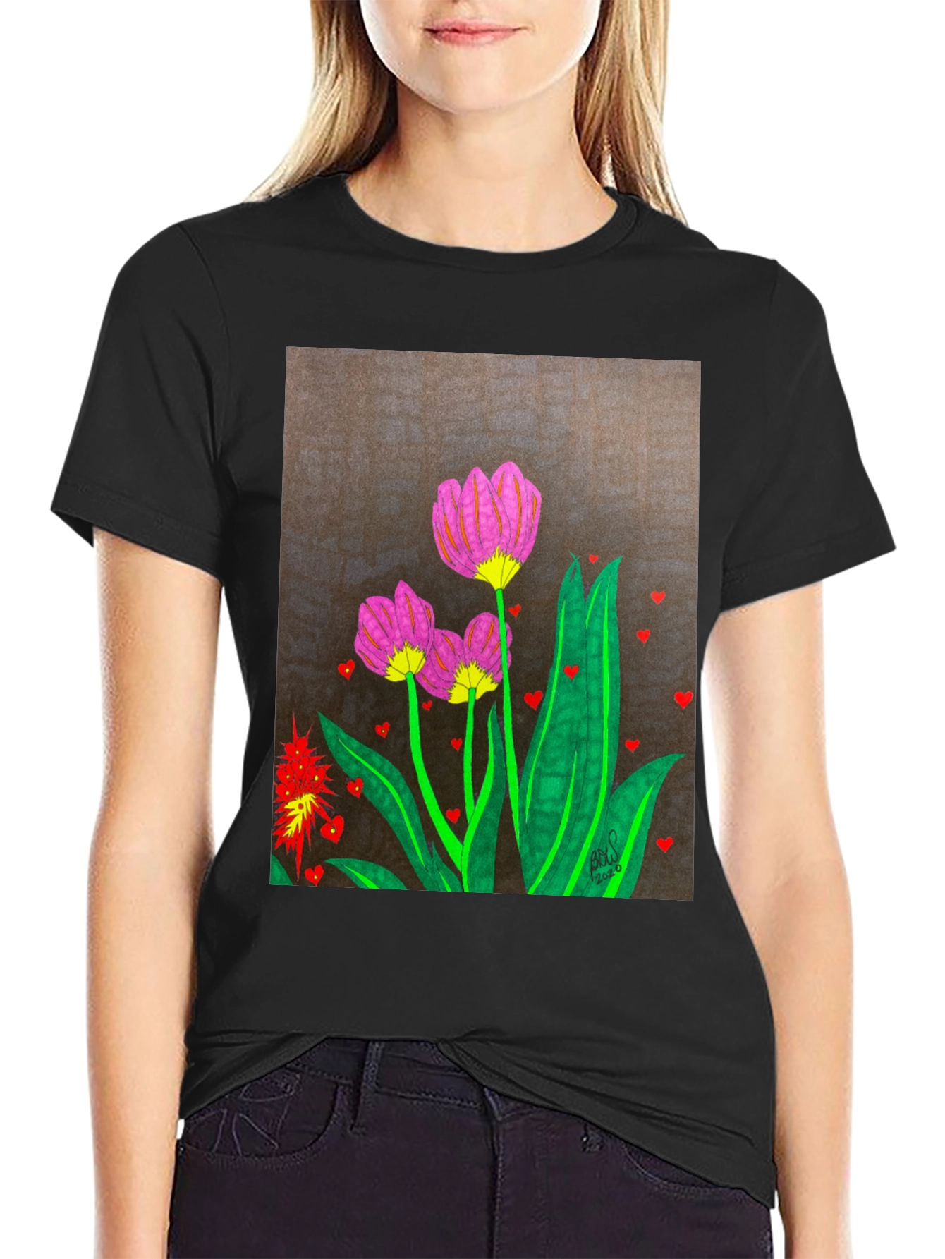 Floral Heart Art Black T-Shirt