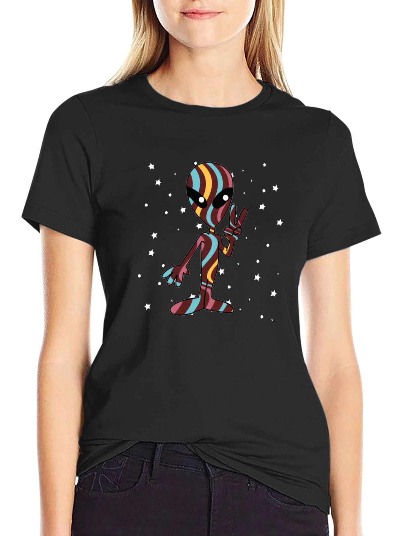 Retro Alien Peace Sign Black T-Shirt