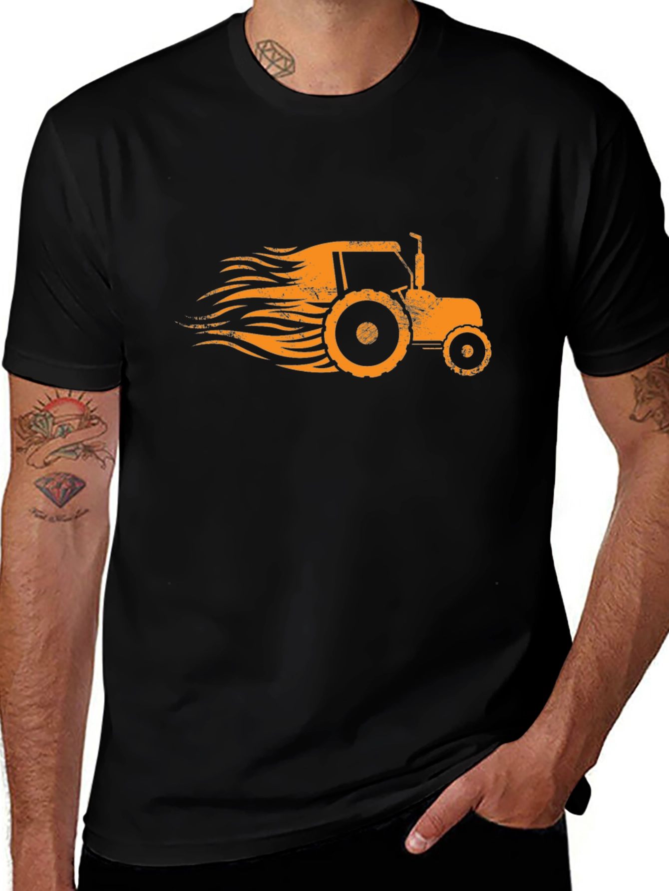 Retro Tractor Graphic Tee - Black Cotton Blend
