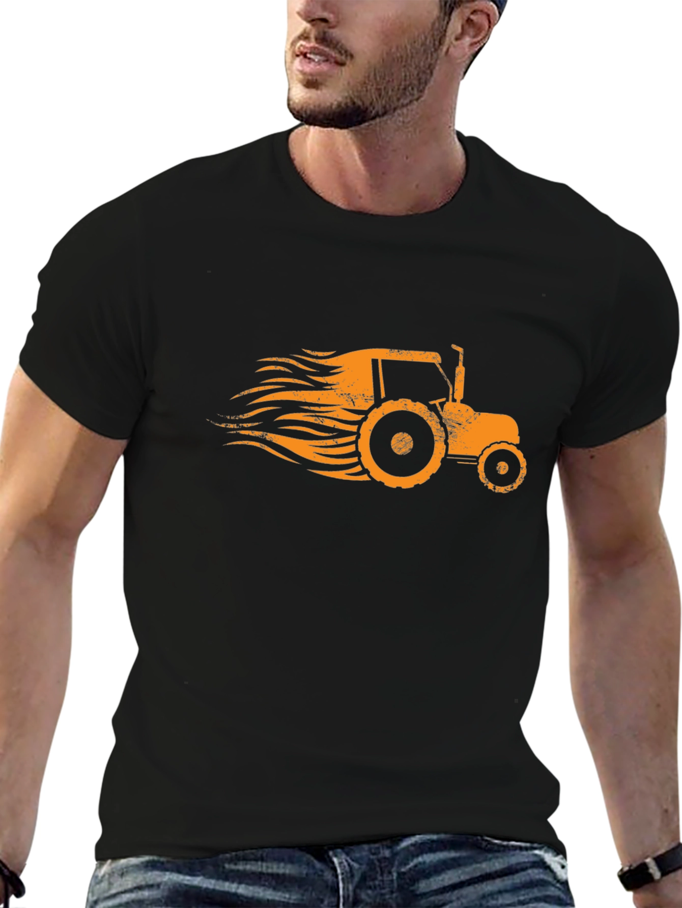 Retro Tractor Graphic Tee - Black Cotton Blend